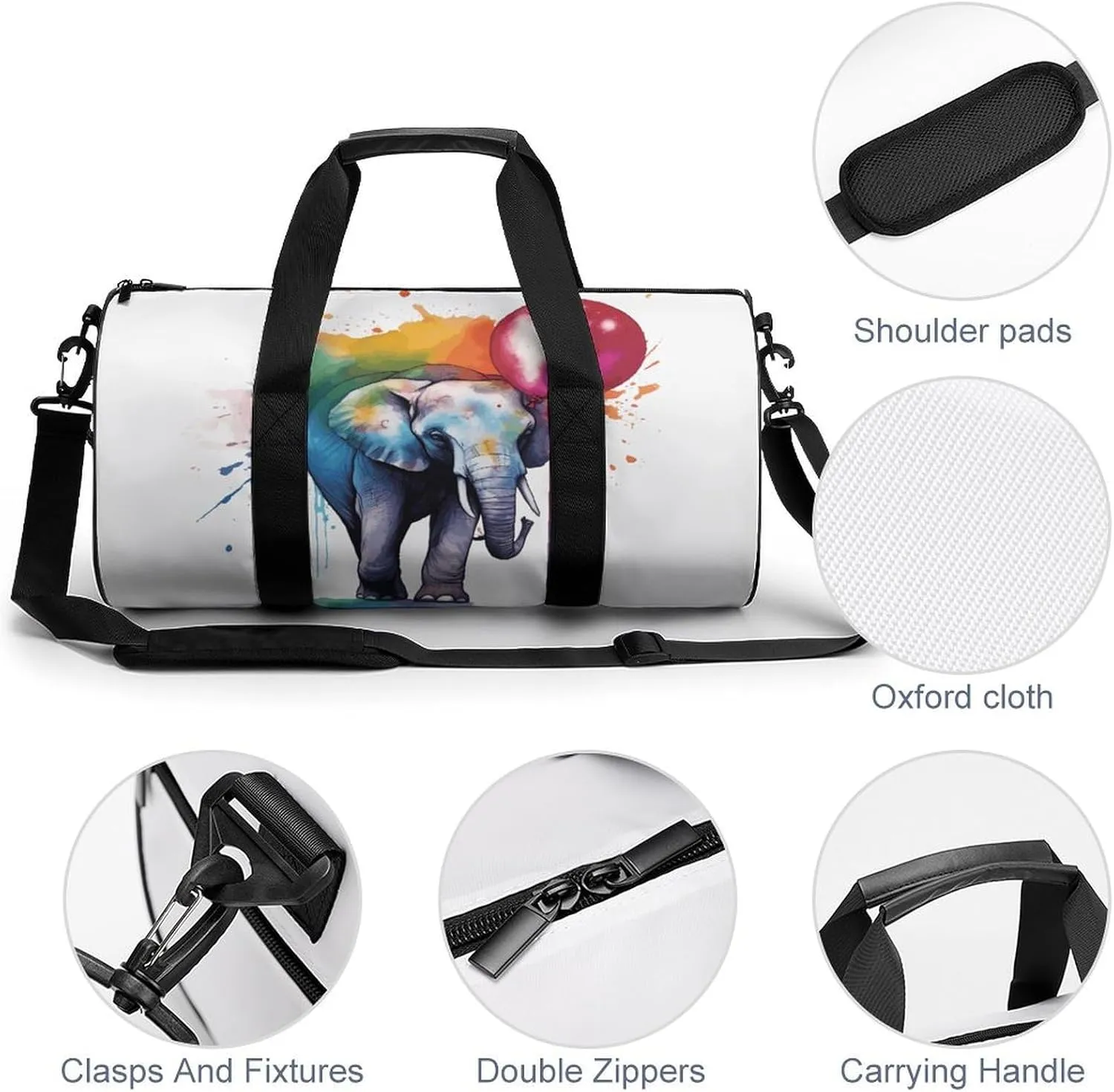 Gym Bag for Men Women Elephant Holding Rainbow Balloon Duffel Bag Overnight Bag with Compartment Gym Sackpac