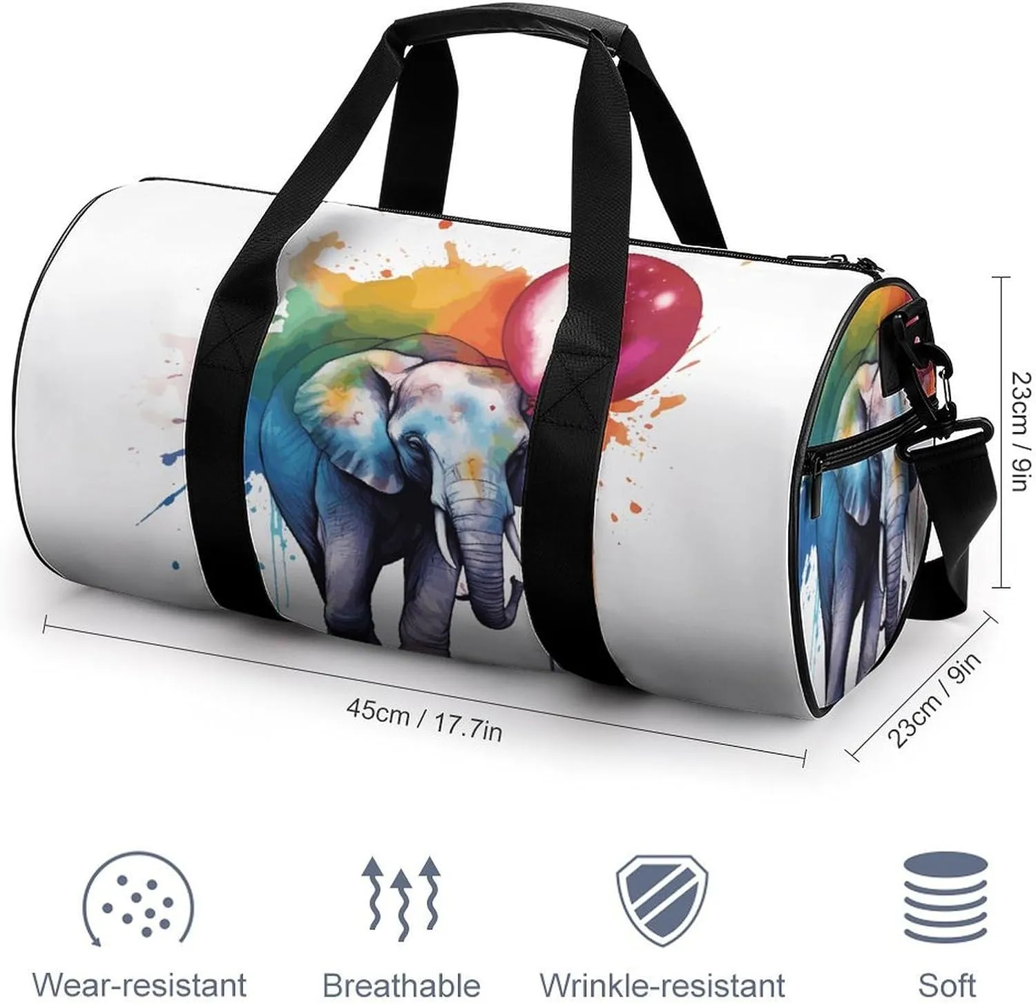 Gym Bag for Men Women Elephant Holding Rainbow Balloon Duffel Bag Overnight Bag with Compartment Gym Sackpac