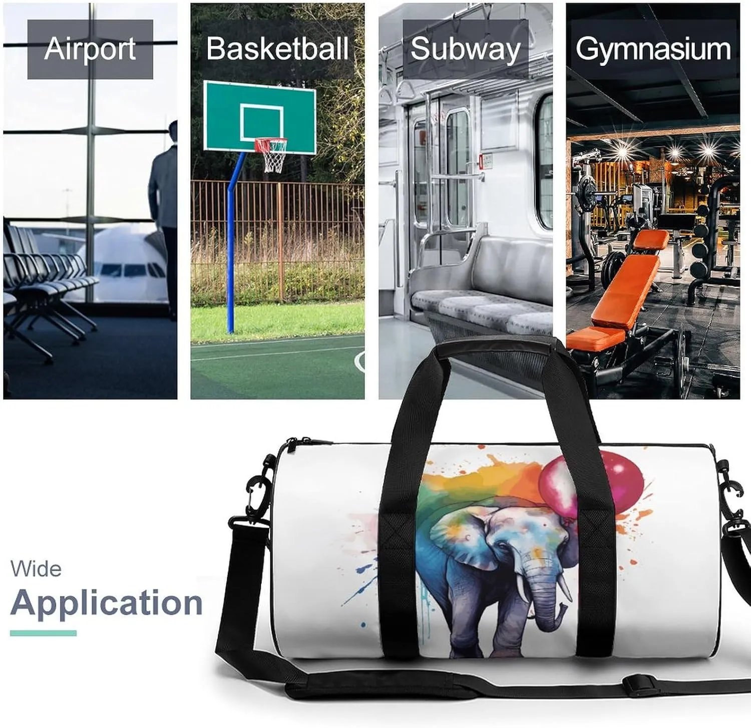 Gym Bag for Men Women Elephant Holding Rainbow Balloon Duffel Bag Overnight Bag with Compartment Gym Sackpac