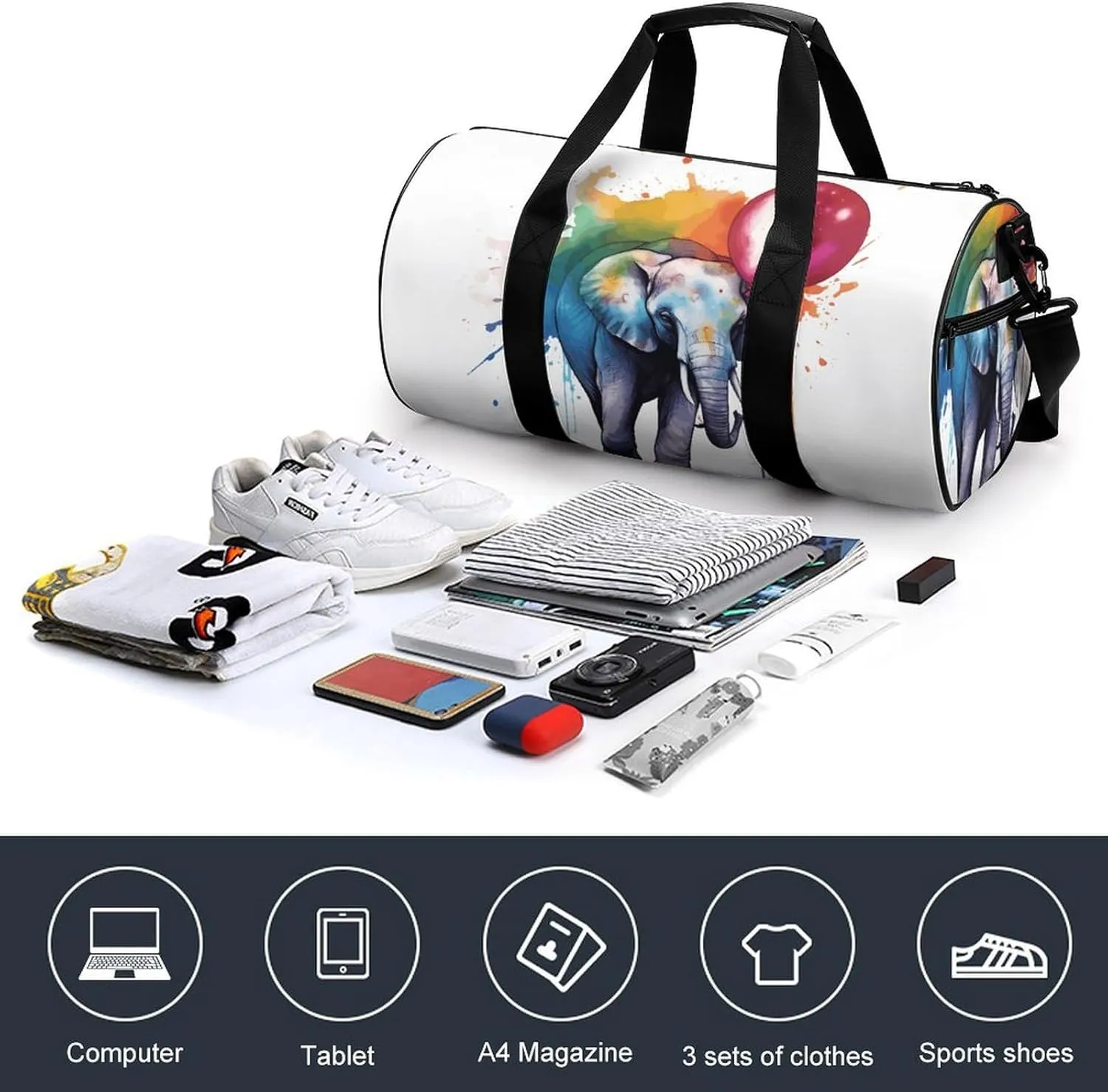 Gym Bag for Men Women Elephant Holding Rainbow Balloon Duffel Bag Overnight Bag with Compartment Gym Sackpac