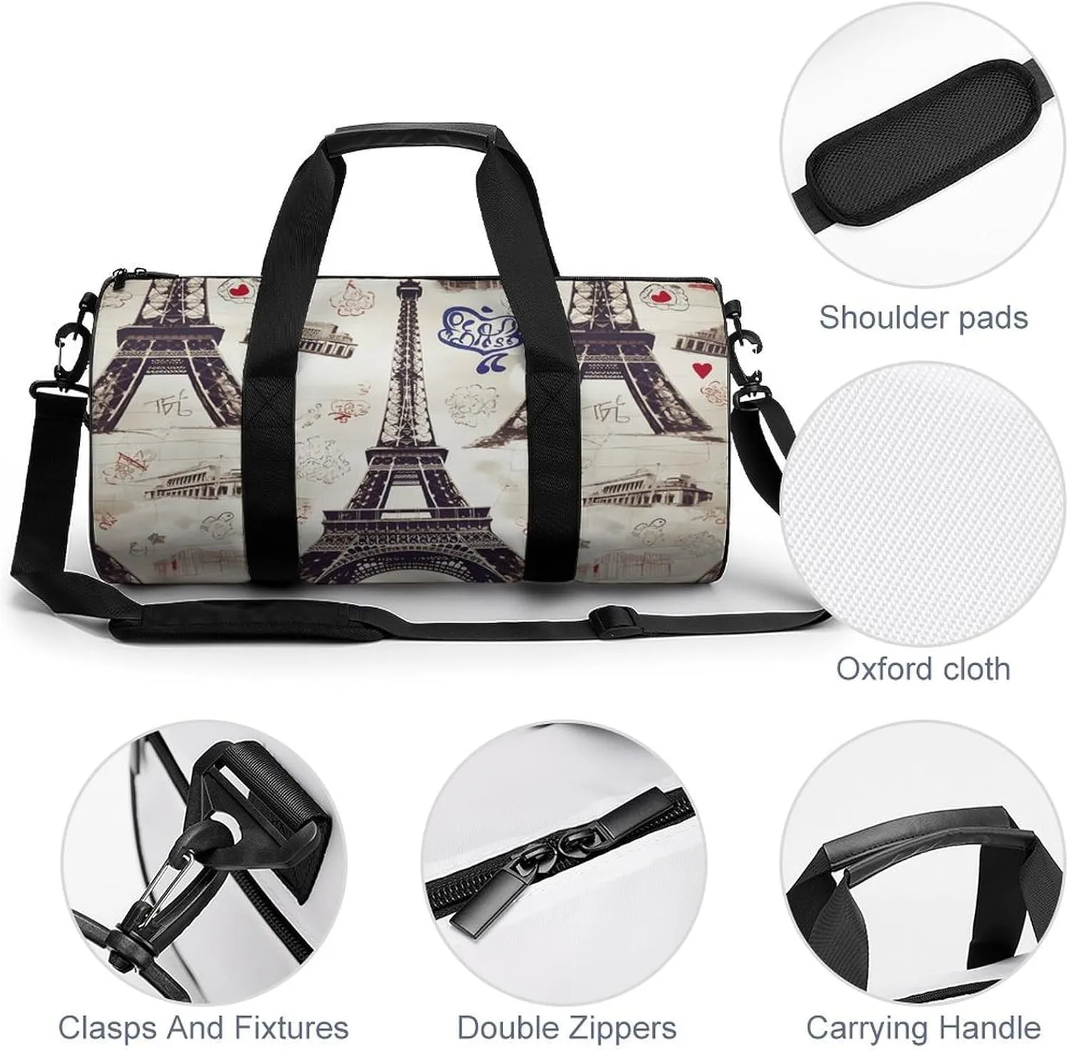 Gym Bag for Men Women French Paris Tour Eiffel Tower Duffel Bag Overnight Bag with Compartment Gym Sackpac