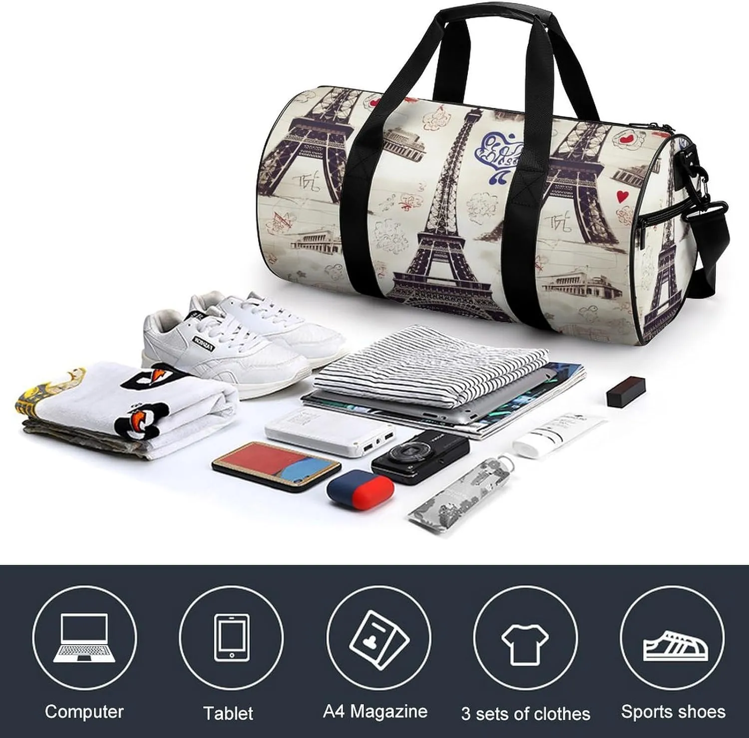 Gym Bag for Men Women French Paris Tour Eiffel Tower Duffel Bag Overnight Bag with Compartment Gym Sackpac