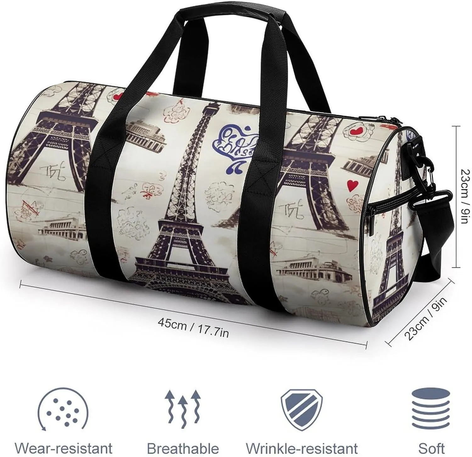 Gym Bag for Men Women French Paris Tour Eiffel Tower Duffel Bag Overnight Bag with Compartment Gym Sackpac
