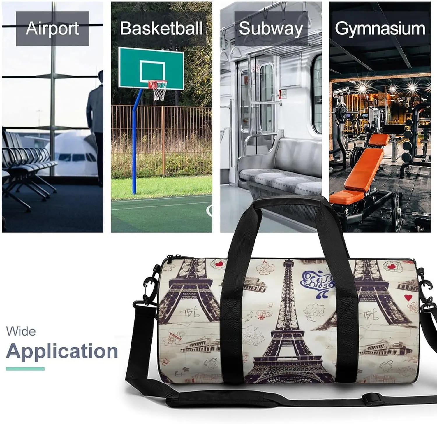 Gym Bag for Men Women French Paris Tour Eiffel Tower Duffel Bag Overnight Bag with Compartment Gym Sackpac