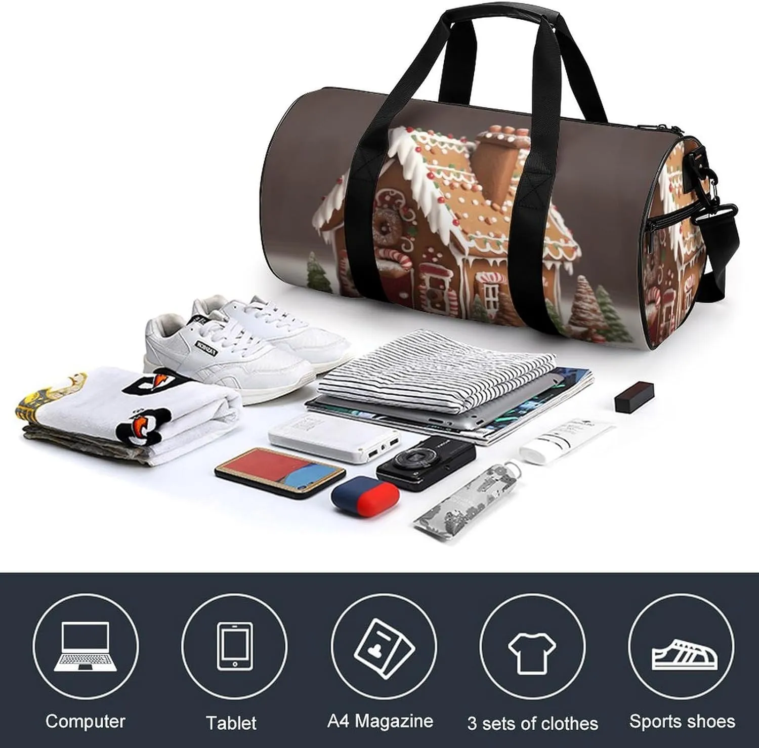 Gym Bag for Men Women Gingerbread House Duffel Bag Overnight Bag with Compartment Gym Sackpac
