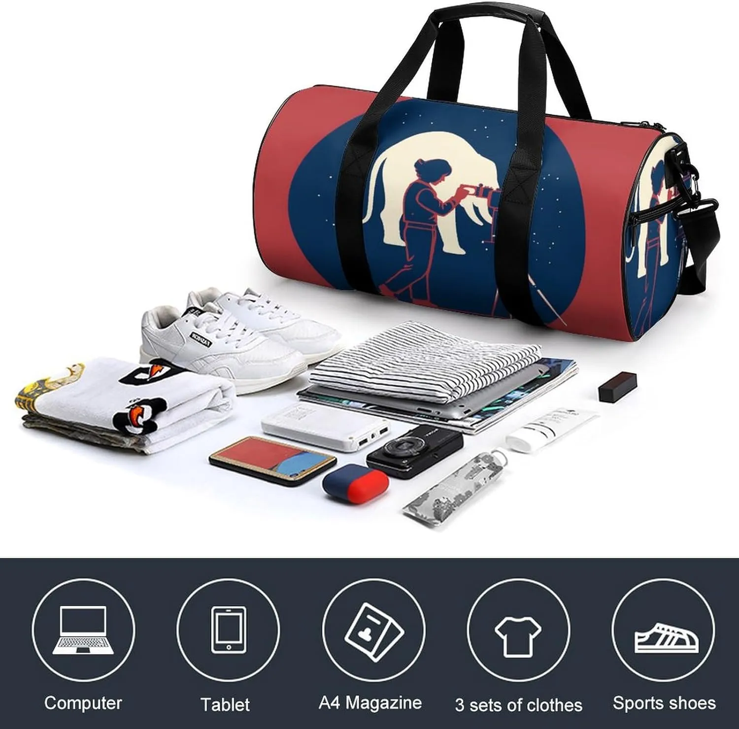 Gym Bag for Men Women Girl Takes Photo of Elephant Duffel Bag Overnight Bag with Compartment Gym Sackpac