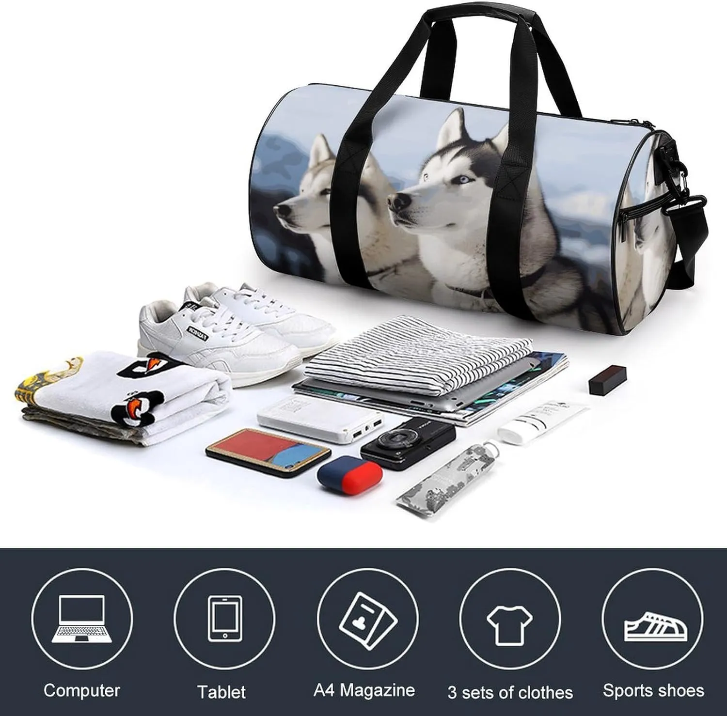 Gym Bag for Men Women Husky Dogs Duffel Bag Overnight Bag with Compartment Gym Sackpac