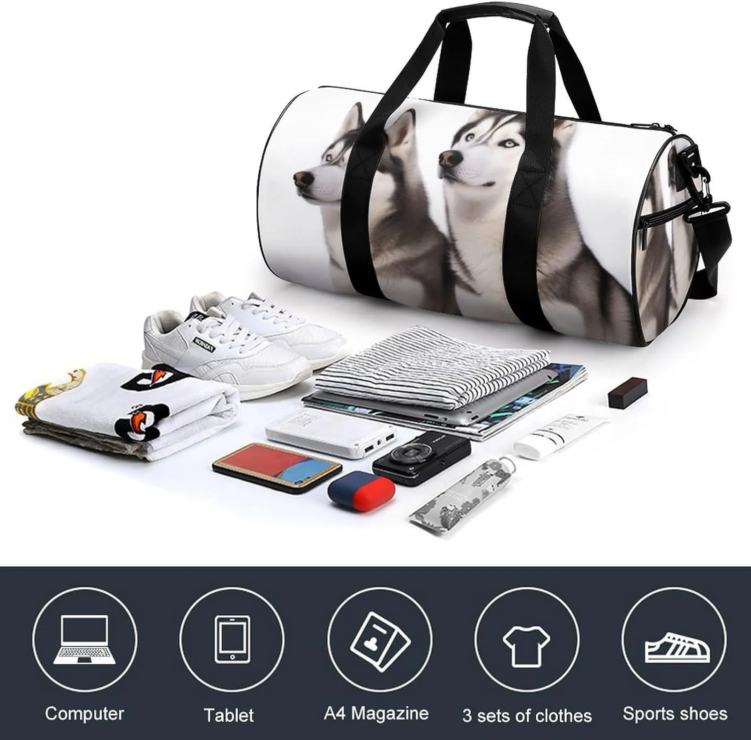 Gym Bag for Men Women Husky Dogs Duffel Bag Overnight Bag with Compartment Gym Sackpac