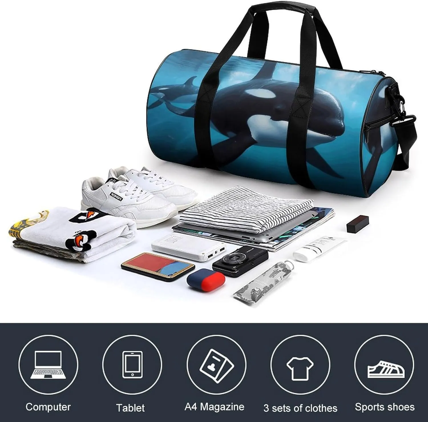 Gym Bag for Men Women Killer Whale Duffel Bag Overnight Bag with Compartment Gym Sackpac