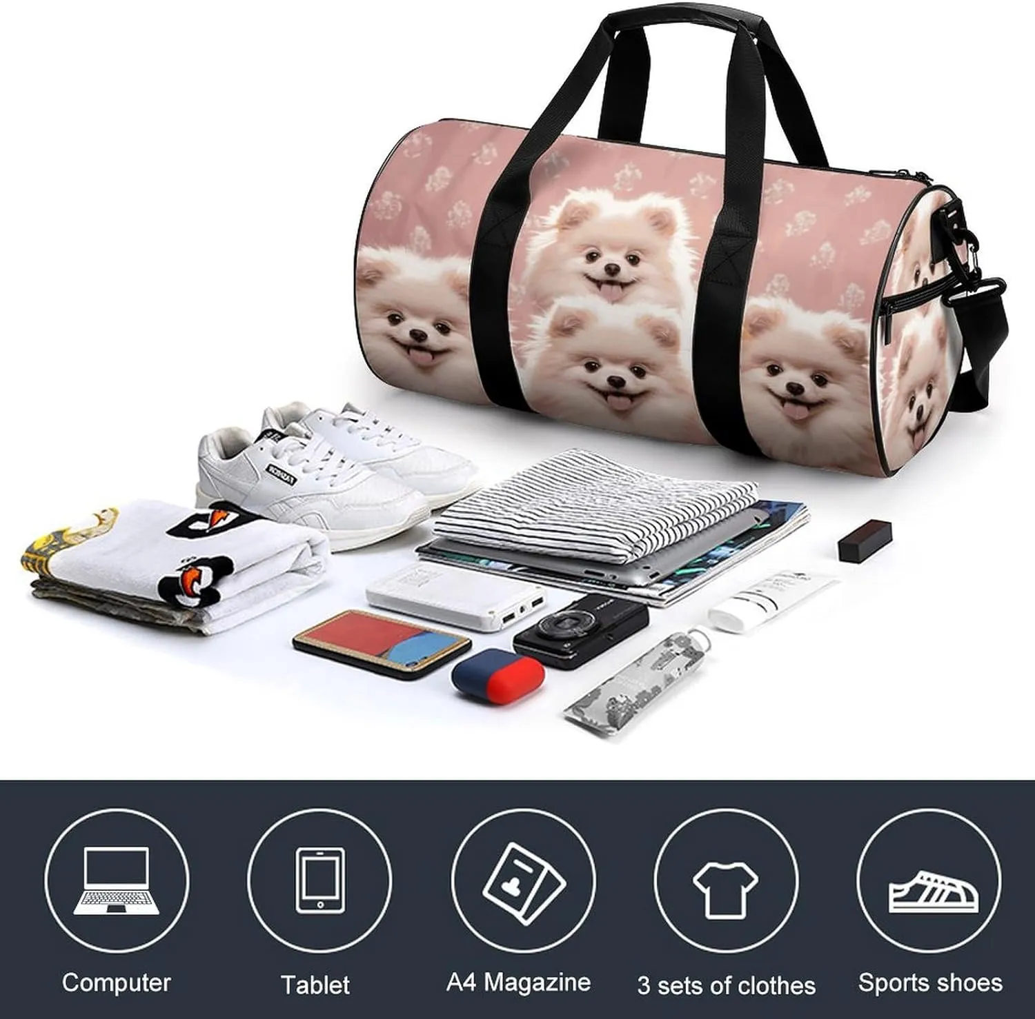Gym Bag for Men Women Pomeranians Puppies Duffel Bag Overnight Bag with Compartment Gym Sackpac