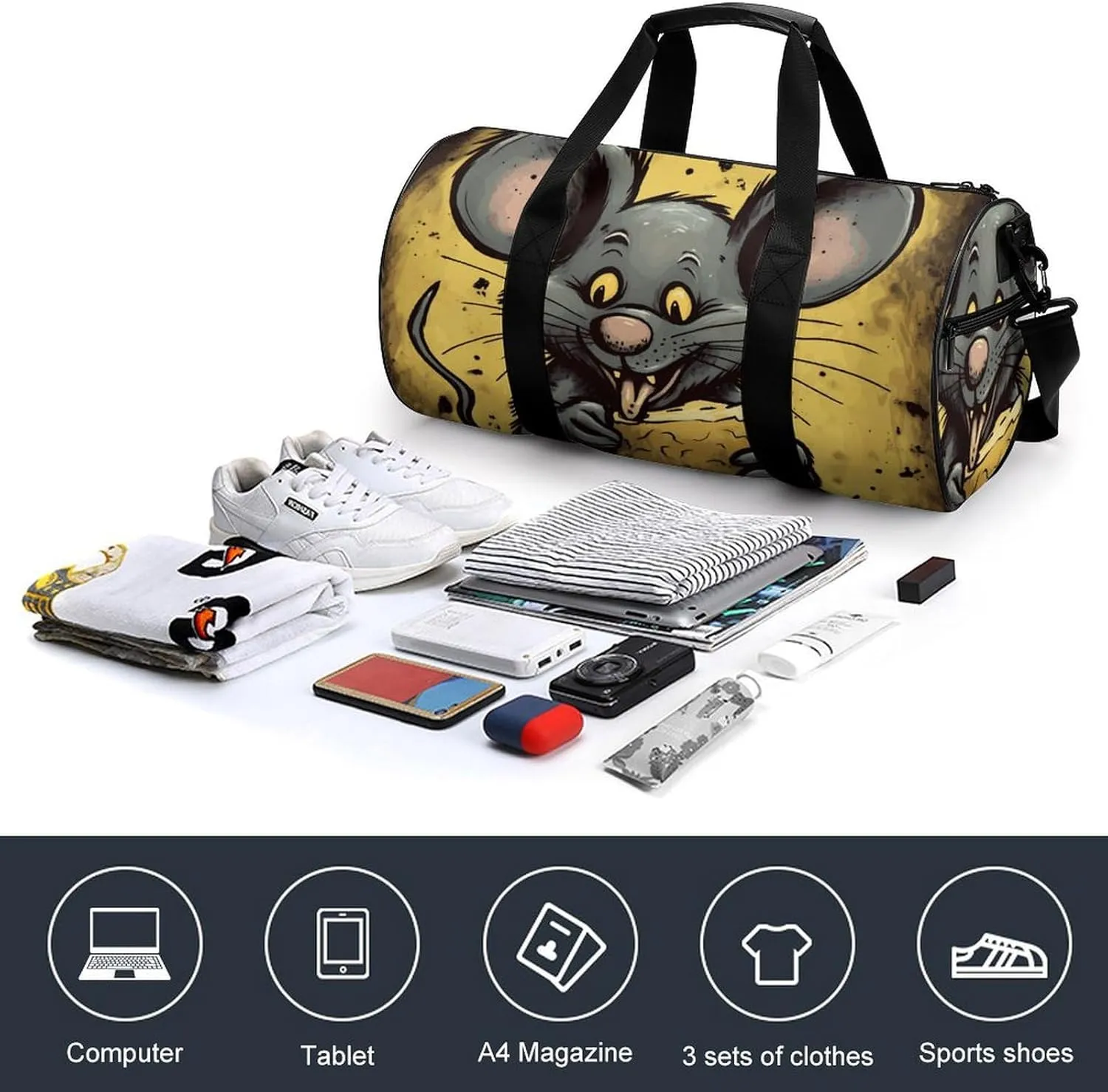 Gym Bag for Men Women Rat Eats A Piece of Cheese Duffel Bag Overnight Bag with Compartment Gym Sackpac