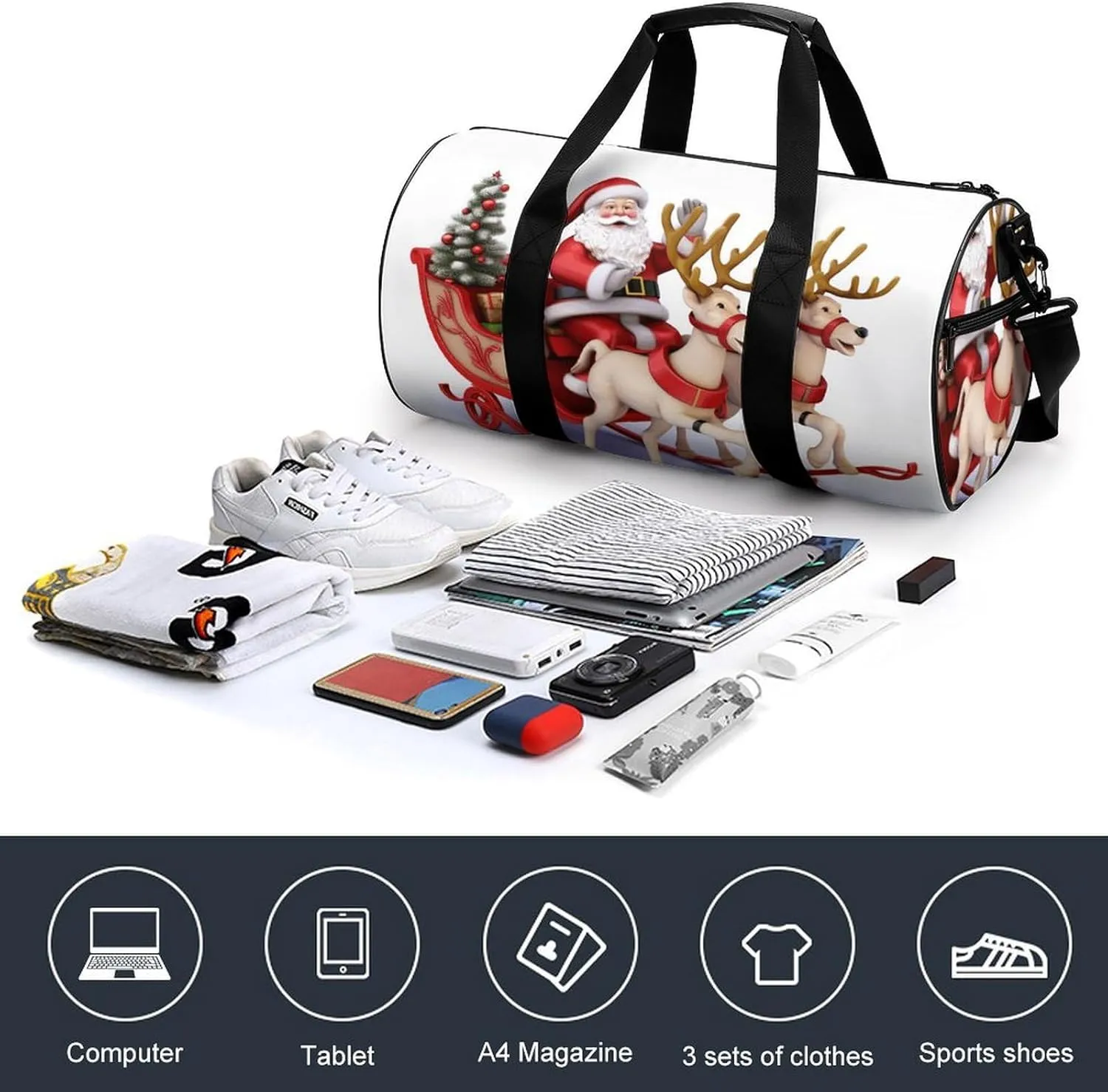 Gym Bag for Men Women Santa Claus Reindeer Sled Duffel Bag Overnight Bag with Compartment Gym Sackpac