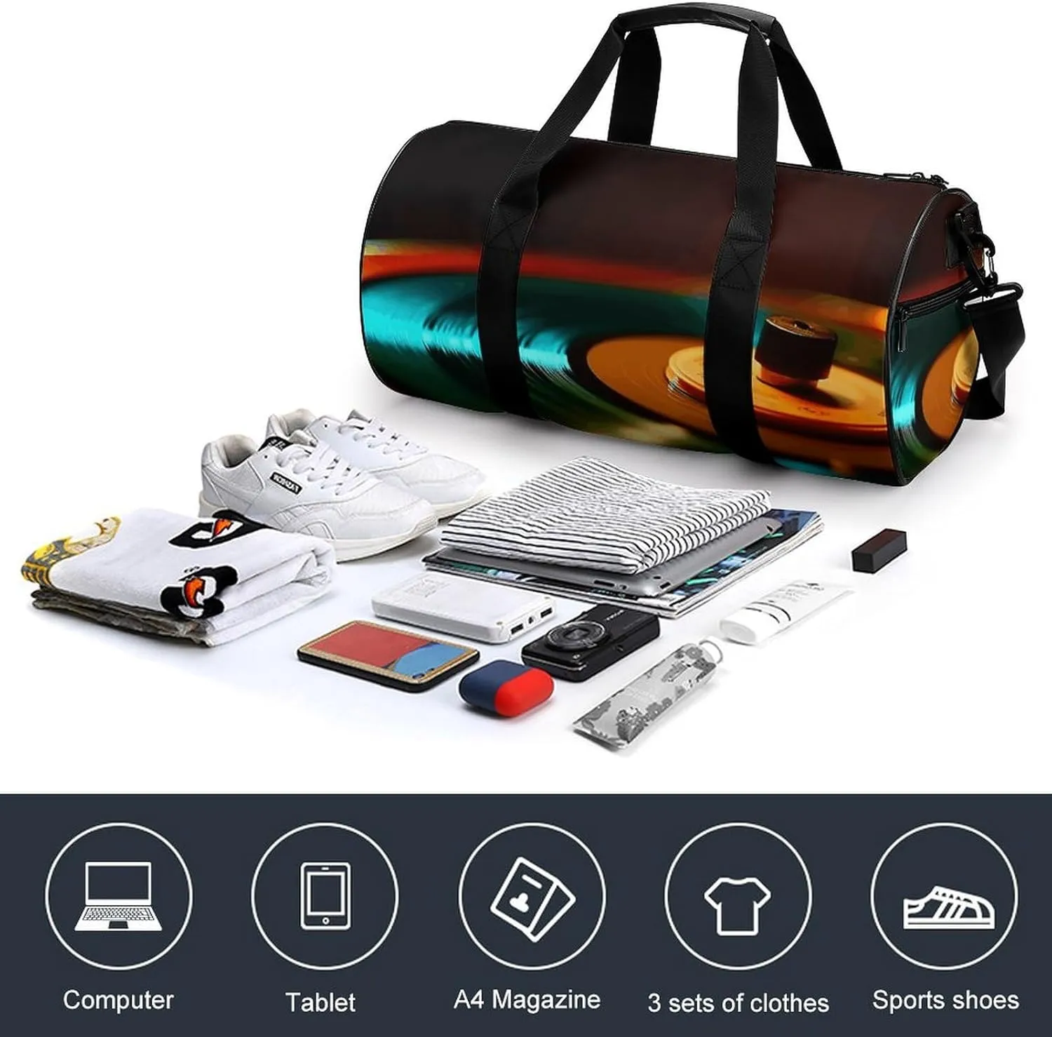 Gym Bag for Men Women Spinning Record Platter Duffel Bag Overnight Bag with Compartment Gym Sackpac