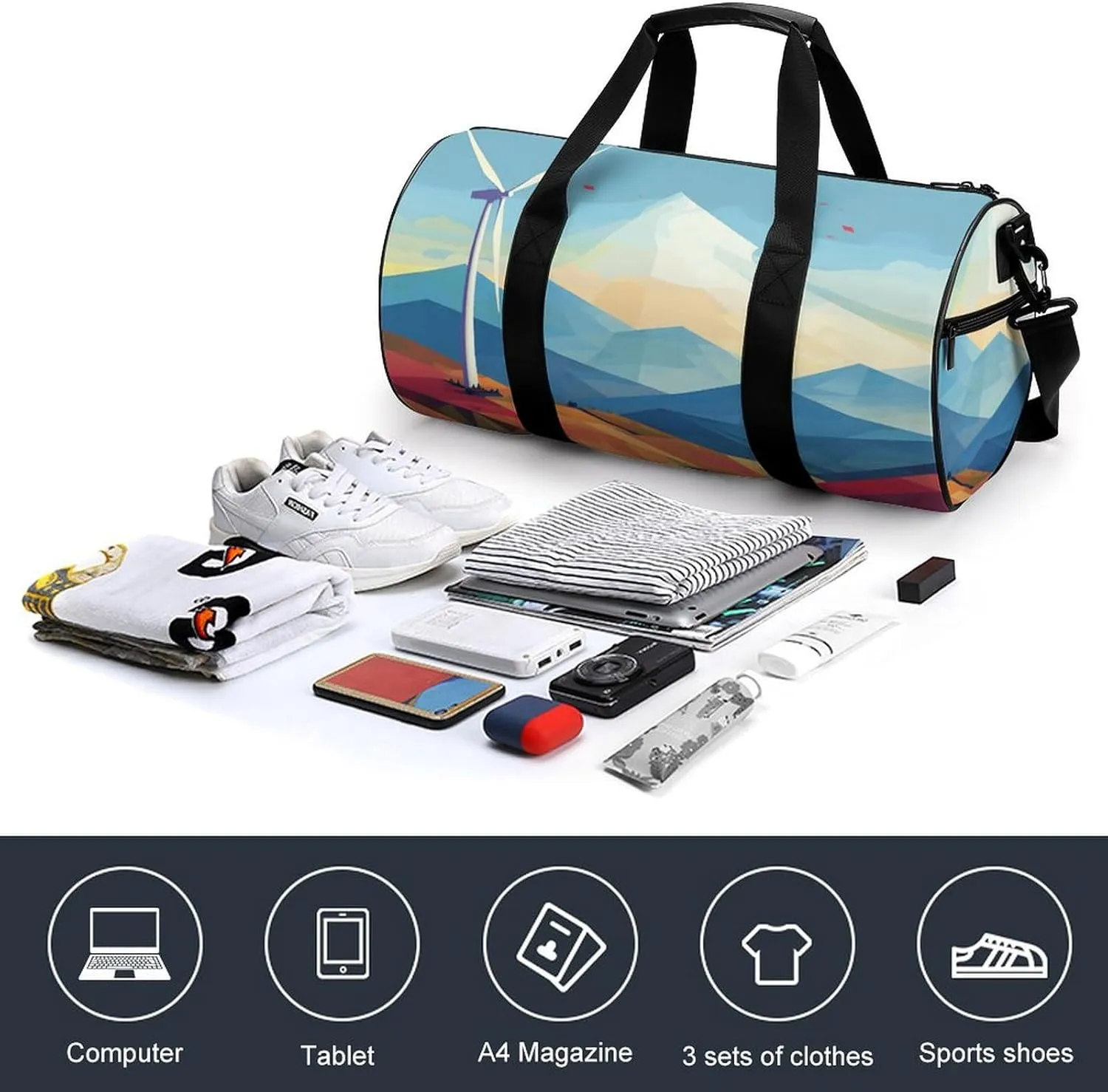 Gym Bag for Men Women Windmill Flat Illustration Duffel Bag Overnight Bag with Compartment Gym Sackpac