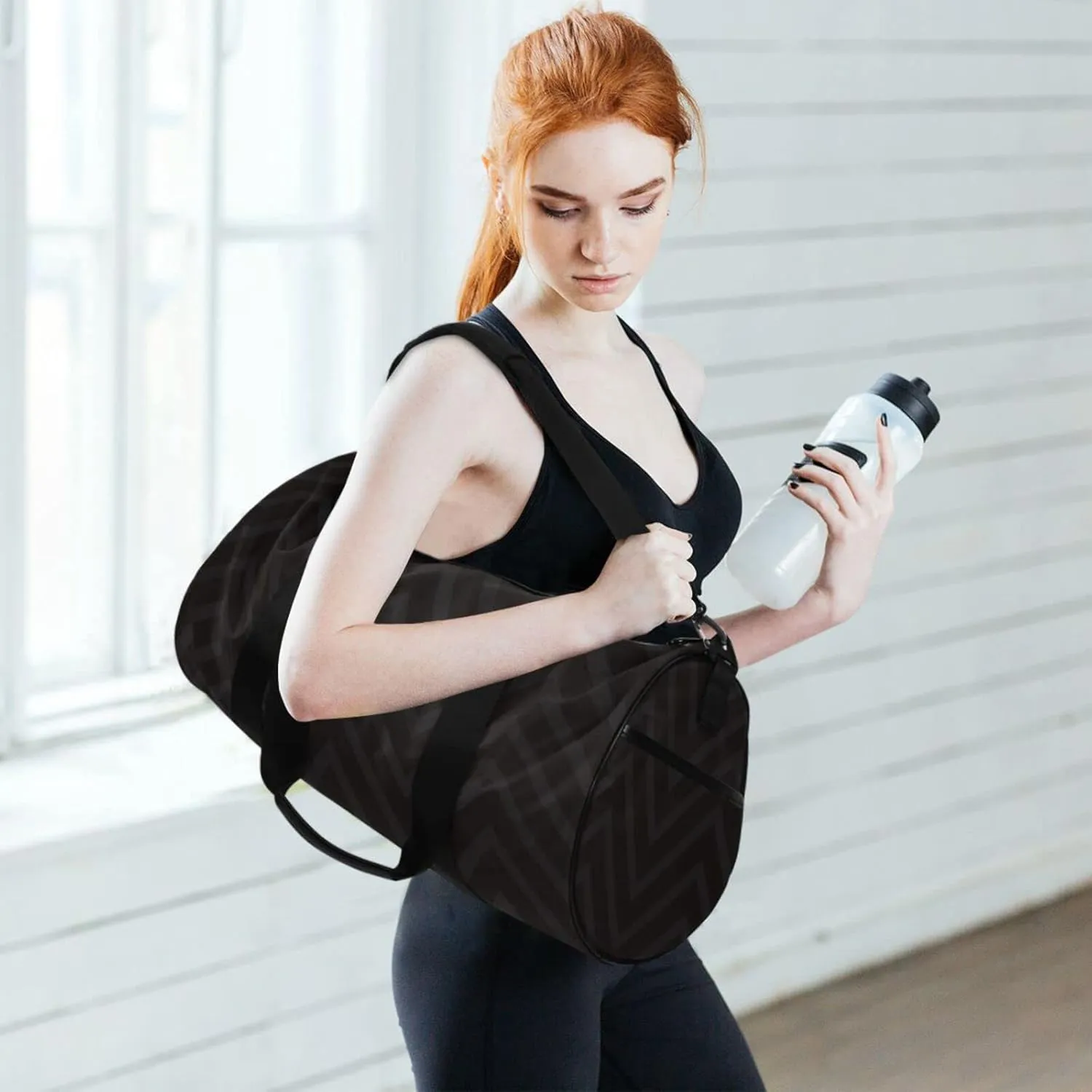 Gym Bag for Women and Men Small Duffel Bag for Sports Travel Weekender Overnight Vacation Beach Lightweight Carry on Bag for Boys Girls Black Geometric