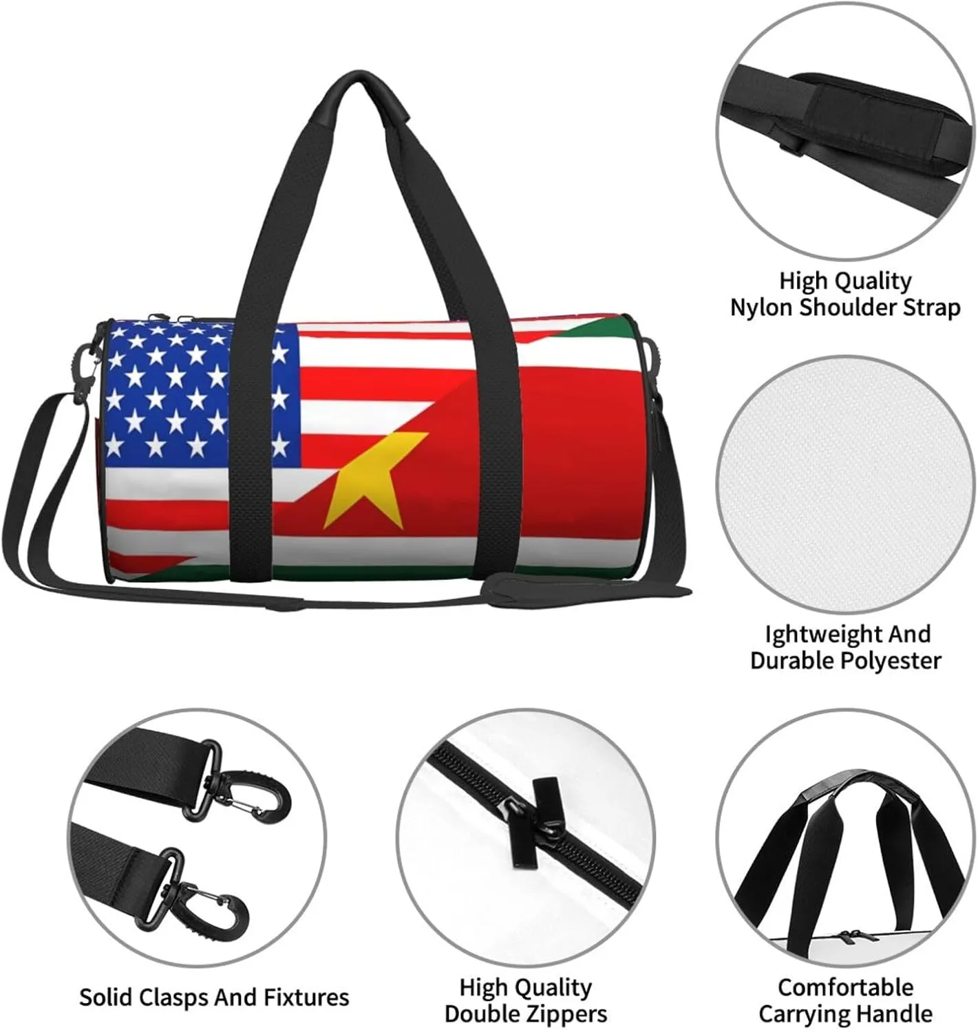 Half American Suriname Surinamese Flag Round Travel Duffel Bag Large Capacity Gym Sports Bags for Hiking Vacation Trips