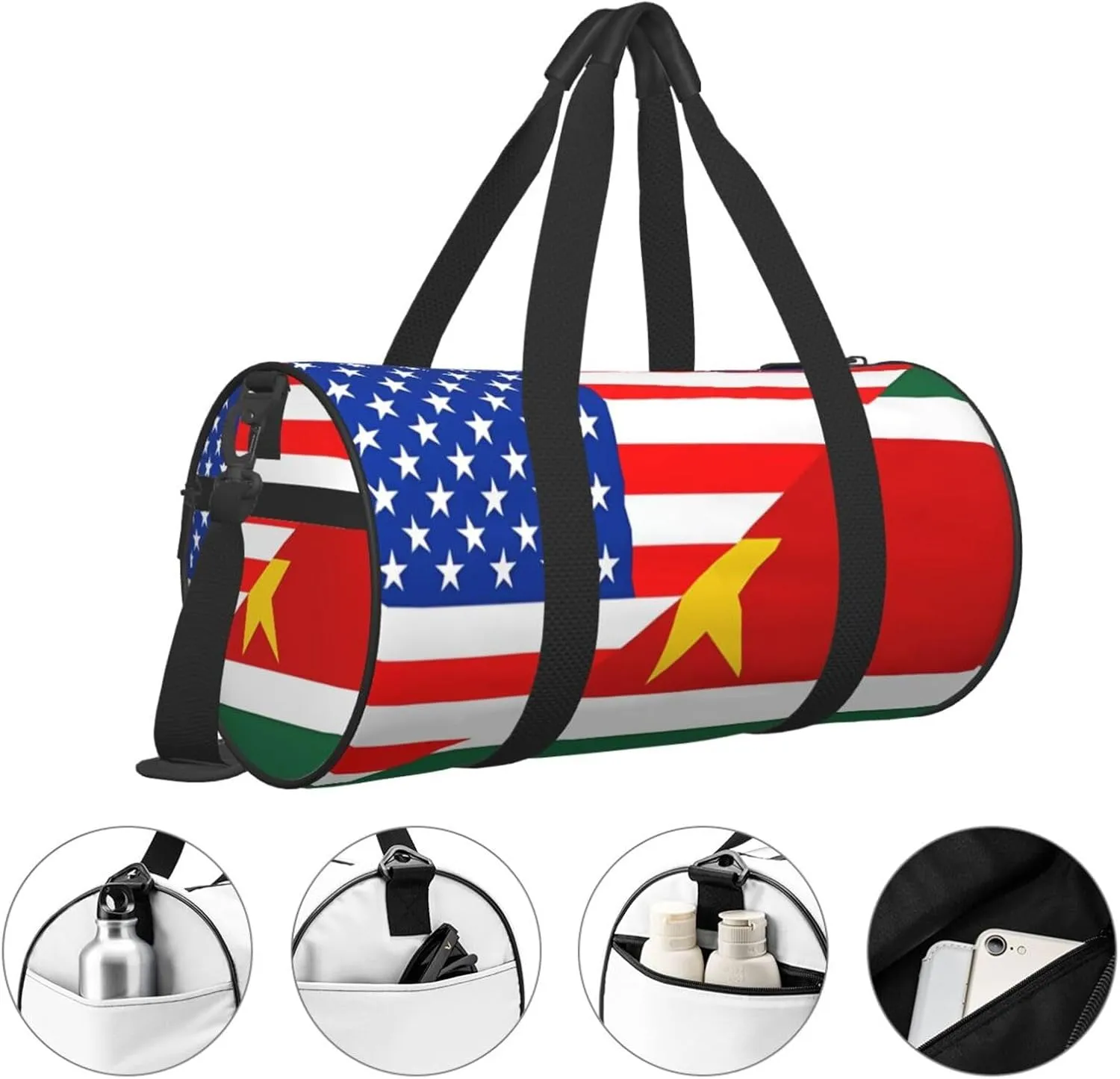 Half American Suriname Surinamese Flag Round Travel Duffel Bag Large Capacity Gym Sports Bags for Hiking Vacation Trips