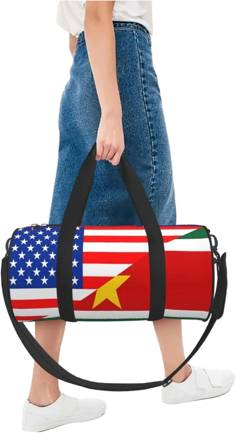 Half American Suriname Surinamese Flag Round Travel Duffel Bag Large Capacity Gym Sports Bags for Hiking Vacation Trips