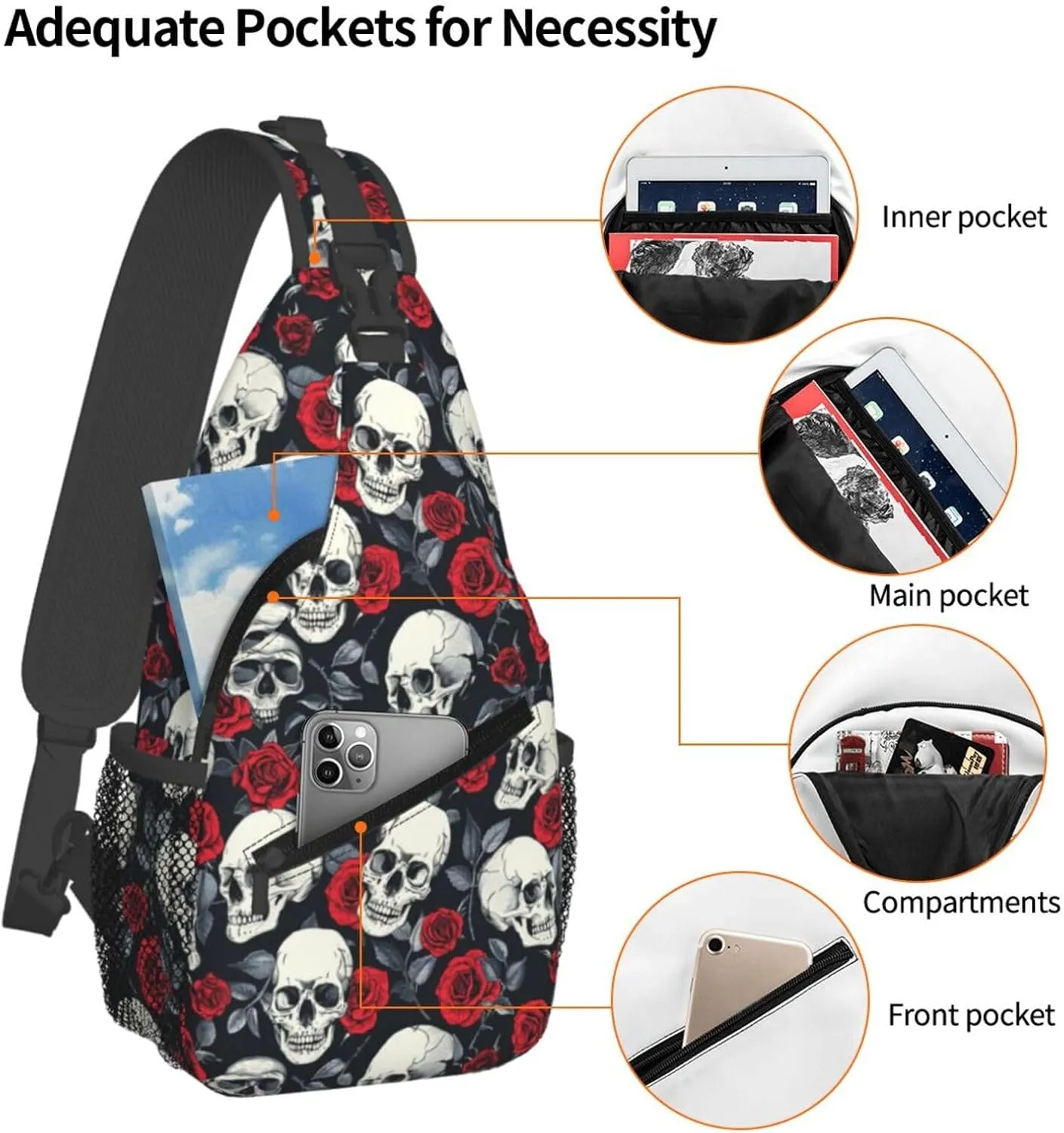Halloween Crossbody Sling Bag For Women Men Skulls And Roses Chest Bag Adjustable Shoulder Bag Sling Backpack Casual Daypack