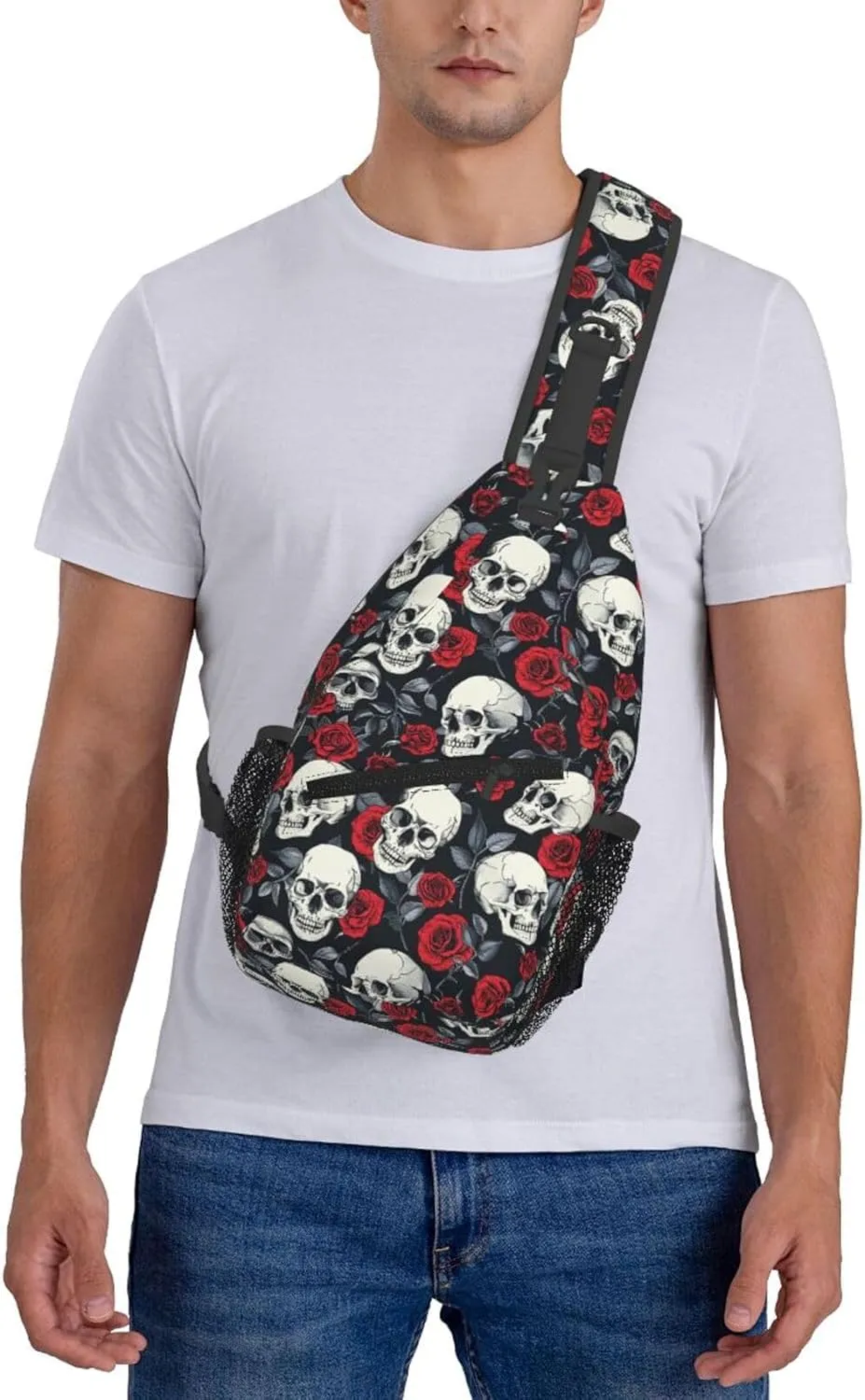 Halloween Crossbody Sling Bag For Women Men Skulls And Roses Chest Bag Adjustable Shoulder Bag Sling Backpack Casual Daypack