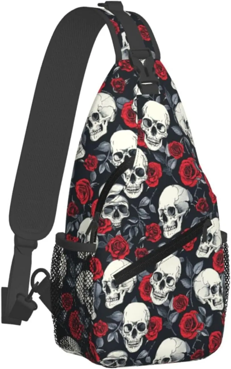 Halloween Crossbody Sling Bag For Women Men Skulls And Roses Chest Bag Adjustable Shoulder Bag Sling Backpack Casual Daypack