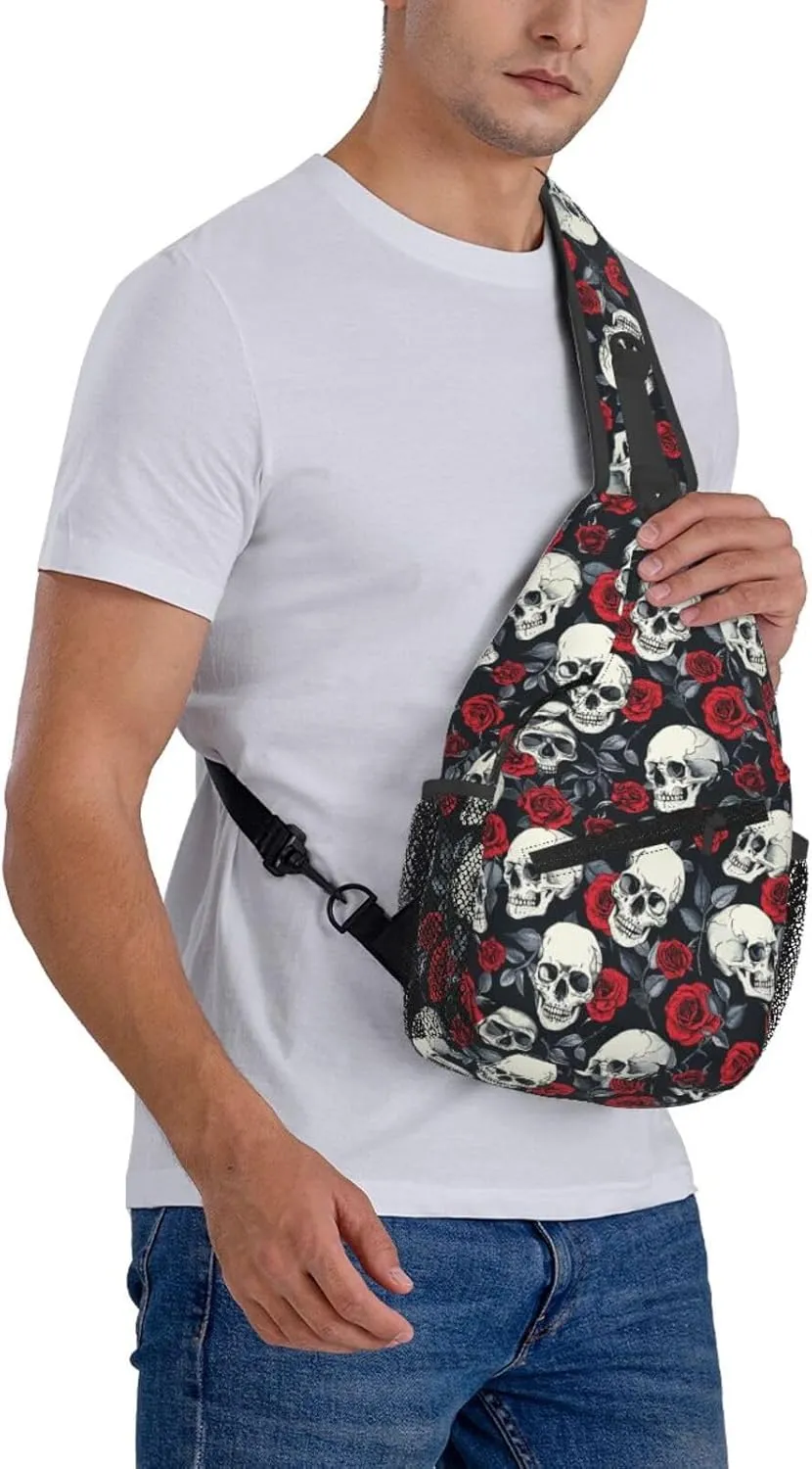 Halloween Crossbody Sling Bag For Women Men Skulls And Roses Chest Bag Adjustable Shoulder Bag Sling Backpack Casual Daypack
