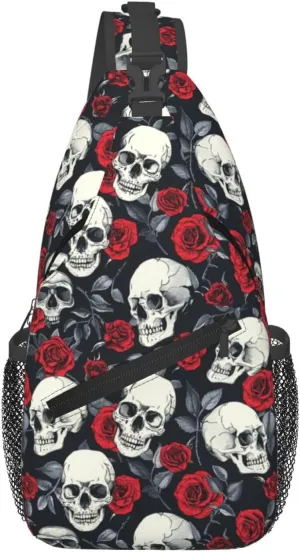 Halloween Crossbody Sling Bag For Women Men Skulls And Roses Chest Bag Adjustable Shoulder Bag Sling Backpack Casual Daypack
