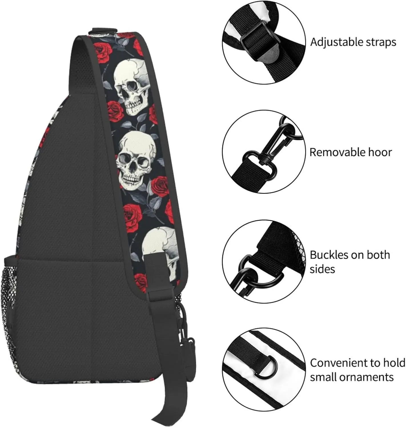 Halloween Crossbody Sling Bag For Women Men Skulls And Roses Chest Bag Adjustable Shoulder Bag Sling Backpack Casual Daypack