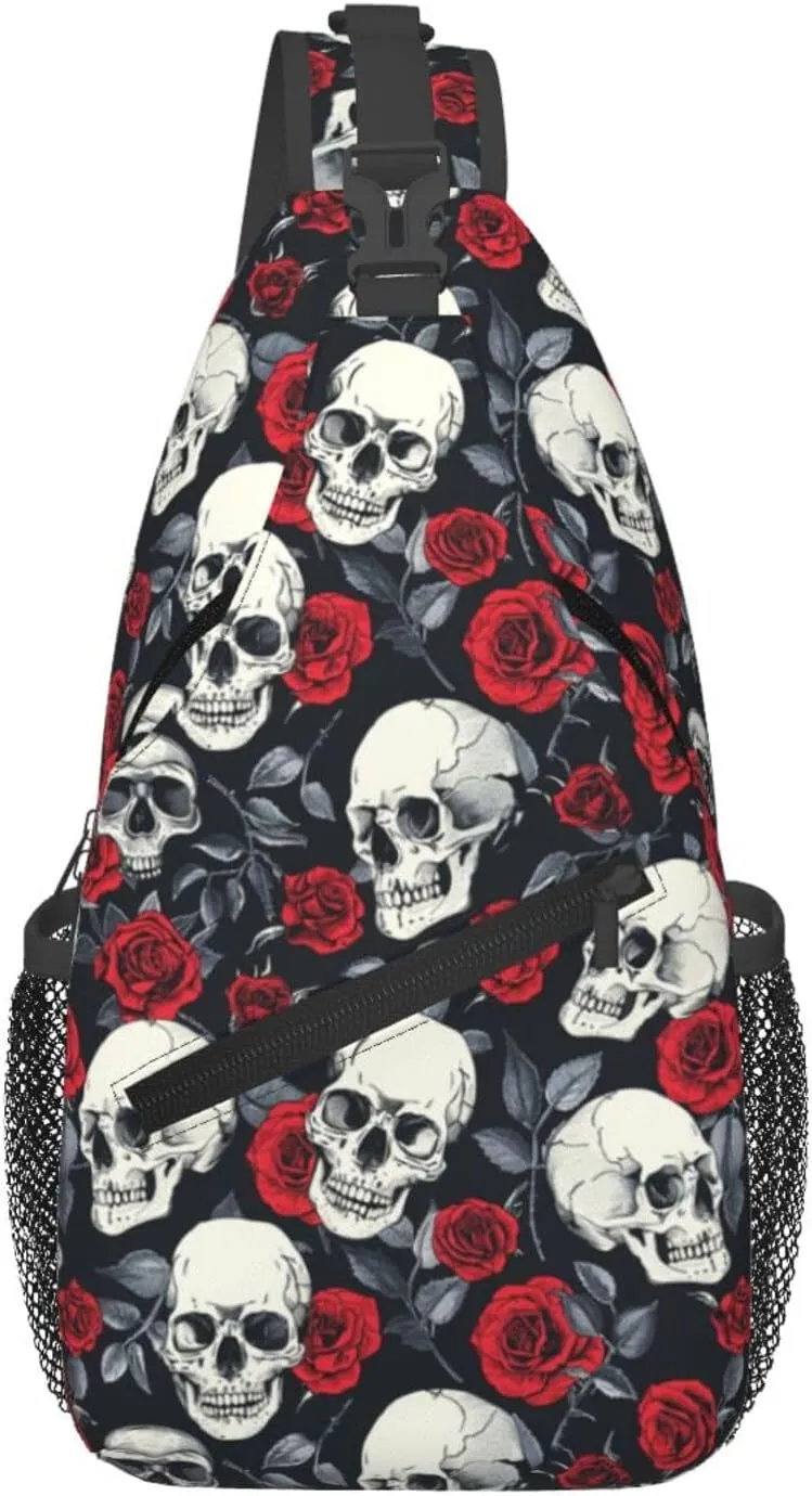 Halloween Crossbody Sling Bag For Women Men Skulls And Roses Chest Bag Adjustable Shoulder Bag Sling Backpack Casual Daypack