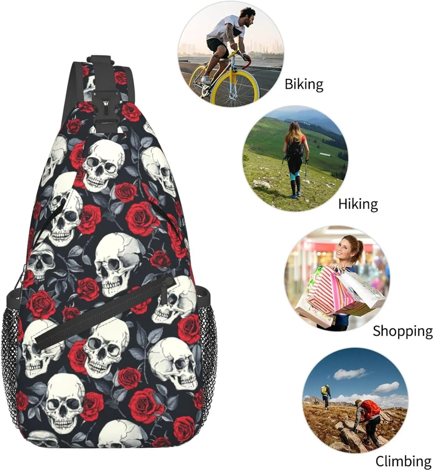Halloween Crossbody Sling Bag For Women Men Skulls And Roses Chest Bag Adjustable Shoulder Bag Sling Backpack Casual Daypack