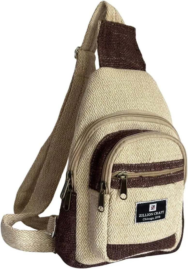 Hand crafted classic sling bag made from 100% Eco friendly natural Hemp and Gheri from Himalaya. Strong crossbody bag for men and women with unbreakable YKK Zipper chain.