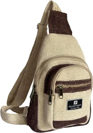 Hand crafted classic sling bag made from 100% Eco friendly natural Hemp and Gheri from Himalaya. Strong crossbody bag for men and women with unbreakable YKK Zipper chain.