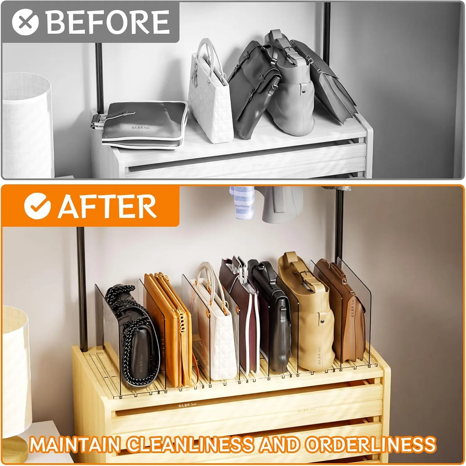 Handbag & Purse Organizer For Closet,4 Pack Adjustable Clear Acrylic Shelf Dividers and Handbag Storage Organizer,Plastic Clutch Dividers for Pocketbook,Book,Shopping Bag & Gift Bag,Sweater Organizer