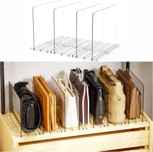 Handbag & Purse Organizer For Closet,4 Pack Adjustable Clear Acrylic Shelf Dividers and Handbag Storage Organizer,Plastic Clutch Dividers for Pocketbook,Book,Shopping Bag & Gift Bag,Sweater Organizer