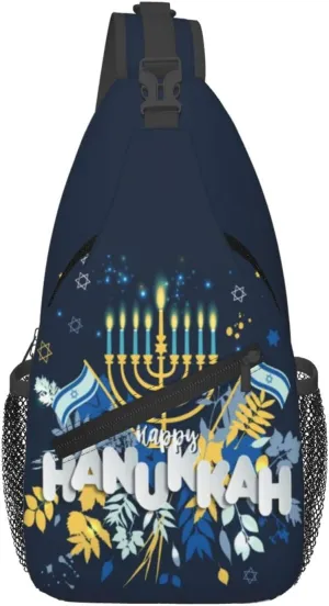 Hanukkah Hat Blue Shiny Lamps Sling Bag,Funny Crossbody Backpack Shoulder Chest Bag for Women Men
