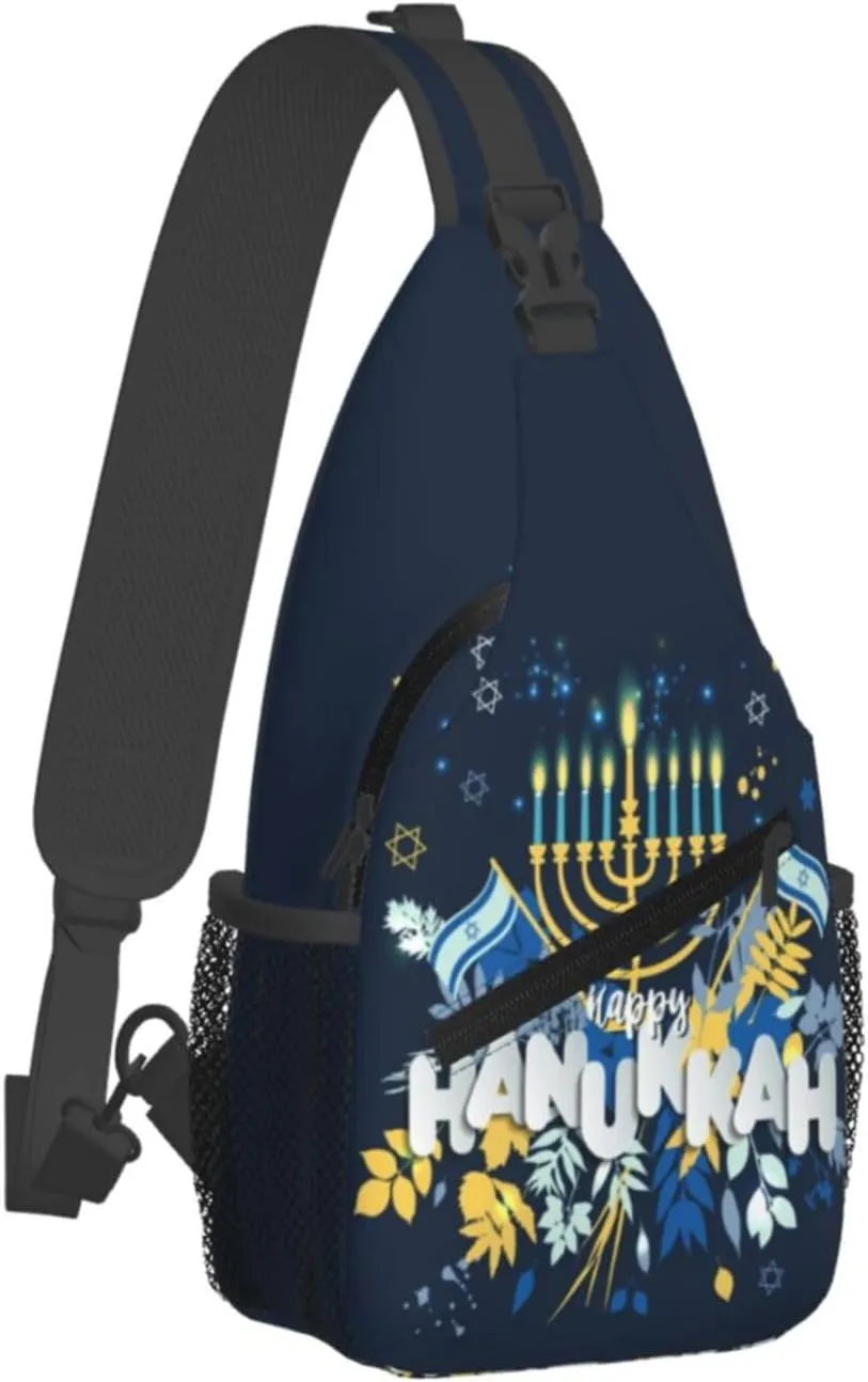 Hanukkah Hat Blue Shiny Lamps Sling Bag,Funny Crossbody Backpack Shoulder Chest Bag for Women Men