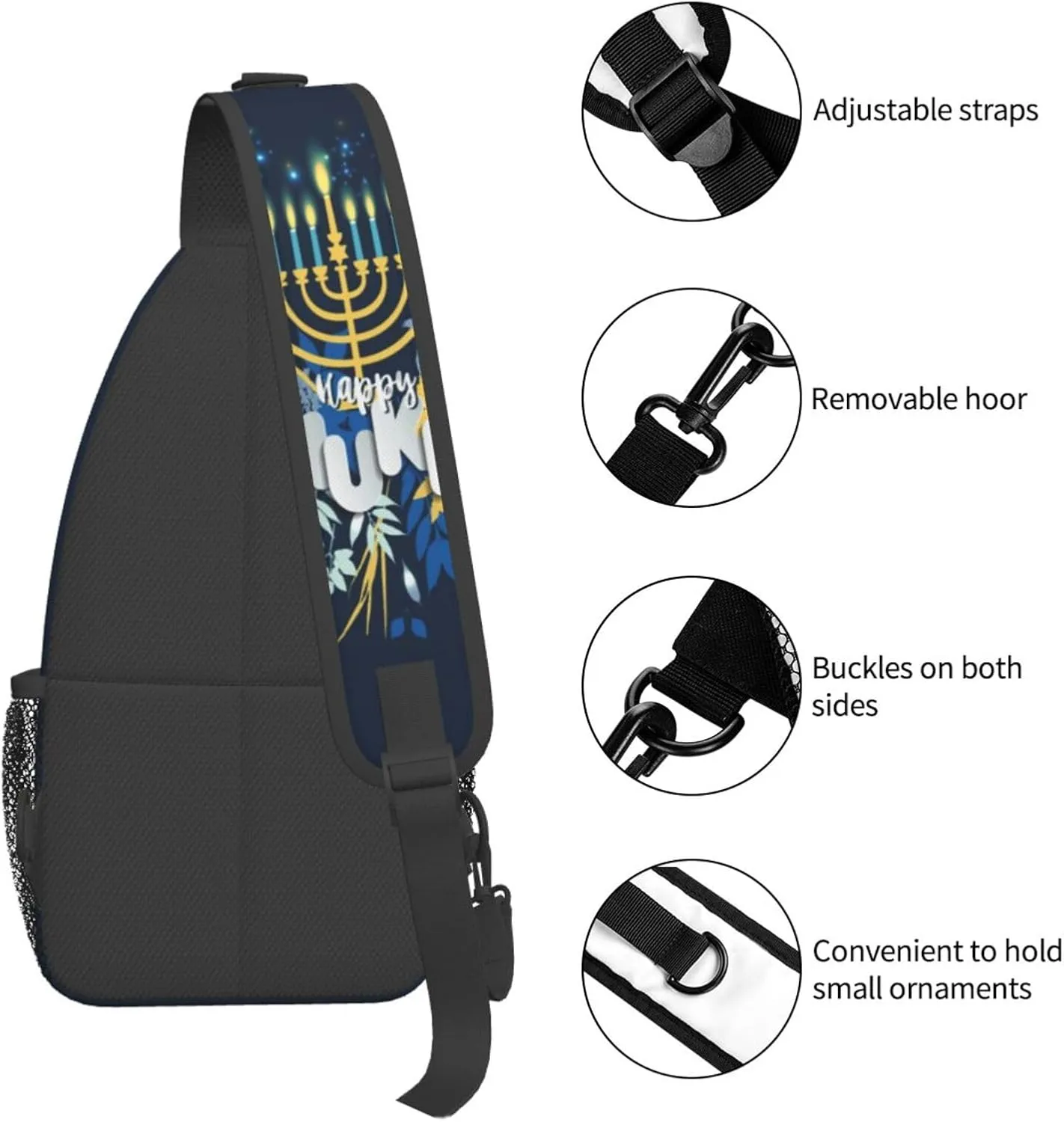 Hanukkah Hat Blue Shiny Lamps Sling Bag,Funny Crossbody Backpack Shoulder Chest Bag for Women Men