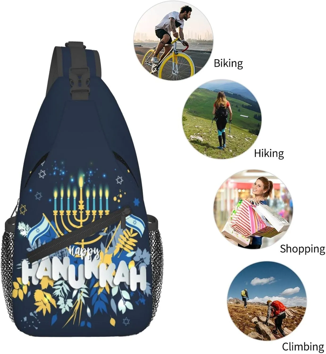 Hanukkah Hat Blue Shiny Lamps Sling Bag,Funny Crossbody Backpack Shoulder Chest Bag for Women Men