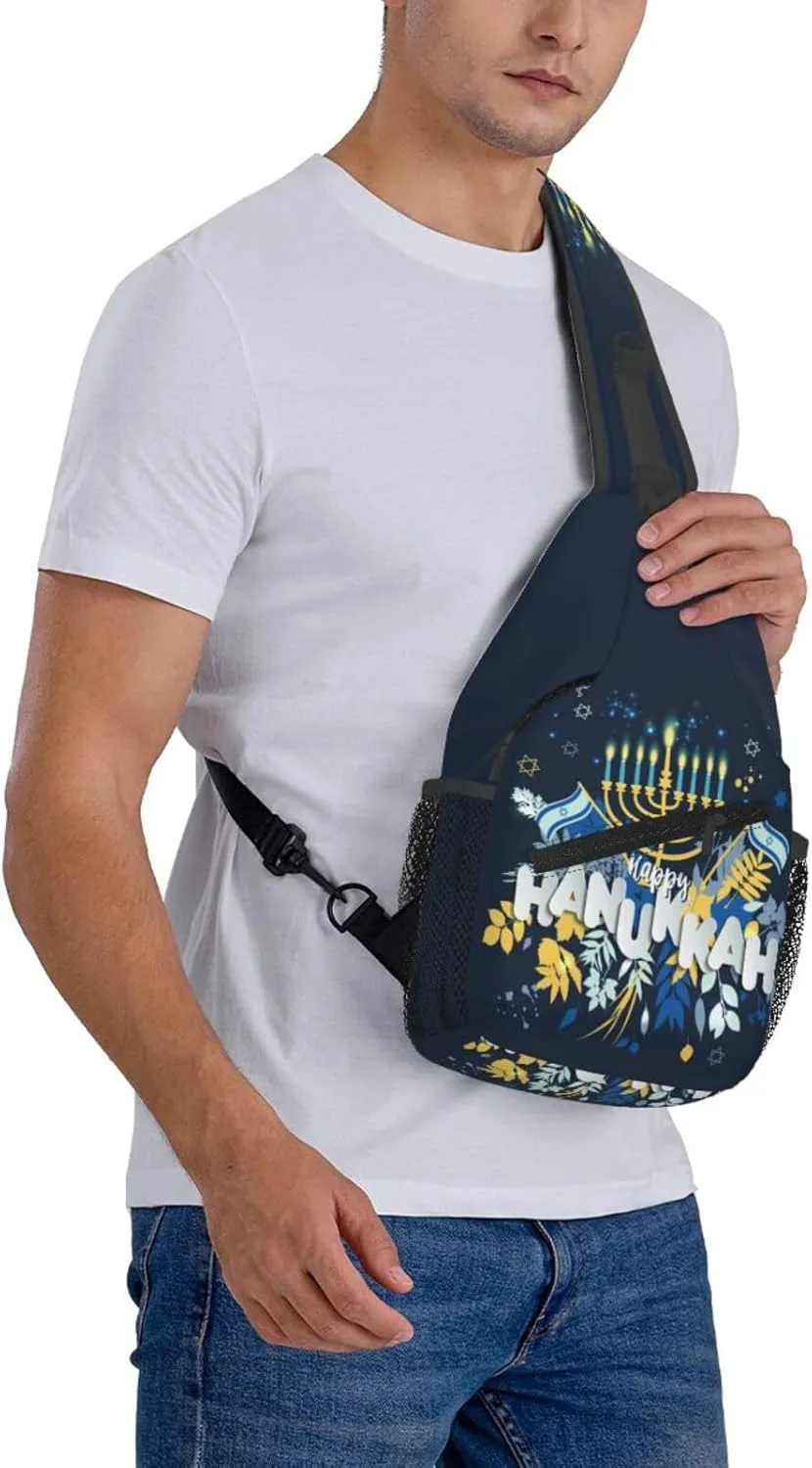Hanukkah Hat Blue Shiny Lamps Sling Bag,Funny Crossbody Backpack Shoulder Chest Bag for Women Men
