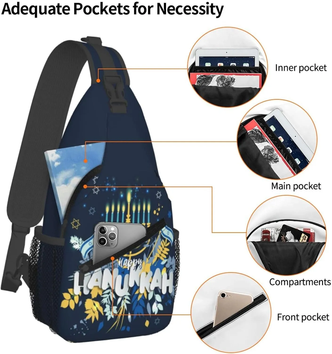 Hanukkah Hat Blue Shiny Lamps Sling Bag,Funny Crossbody Backpack Shoulder Chest Bag for Women Men