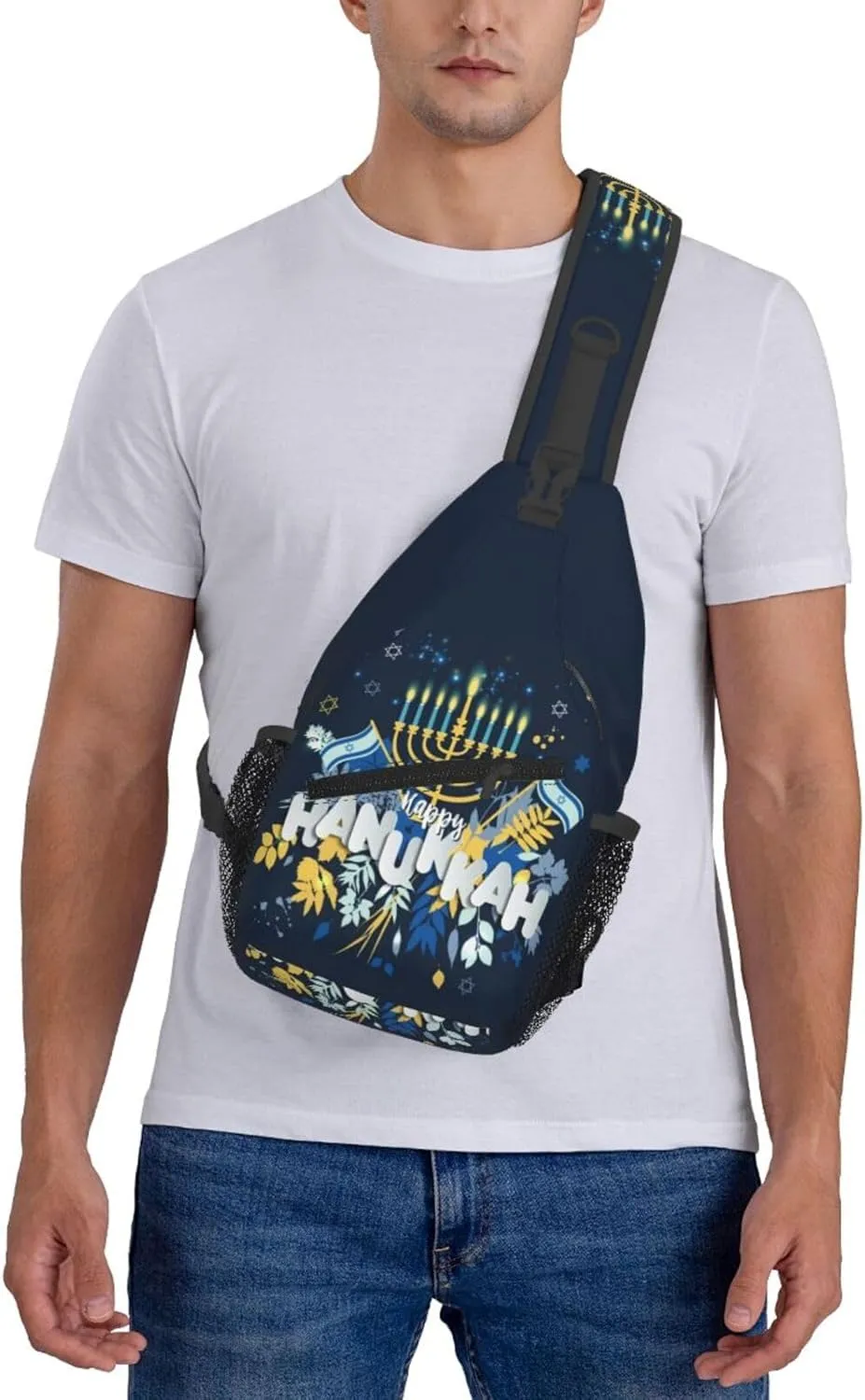 Hanukkah Hat Blue Shiny Lamps Sling Bag,Funny Crossbody Backpack Shoulder Chest Bag for Women Men