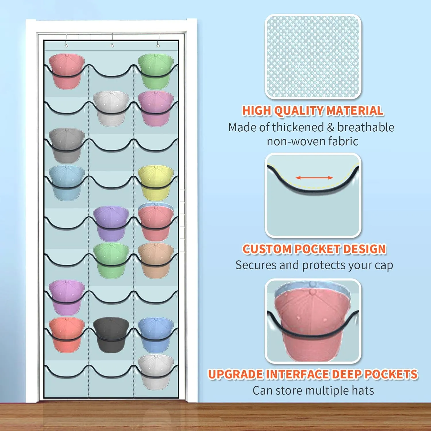 Hat Rack for Baseball Caps, 27 Pockets Over The Door Baseball Hat Organizer, Fitted Hat Storage for Closet Wall Mount Bag With Large Pockets & 3 Hooks, Hat Holder Hanger Organization to Display Caps