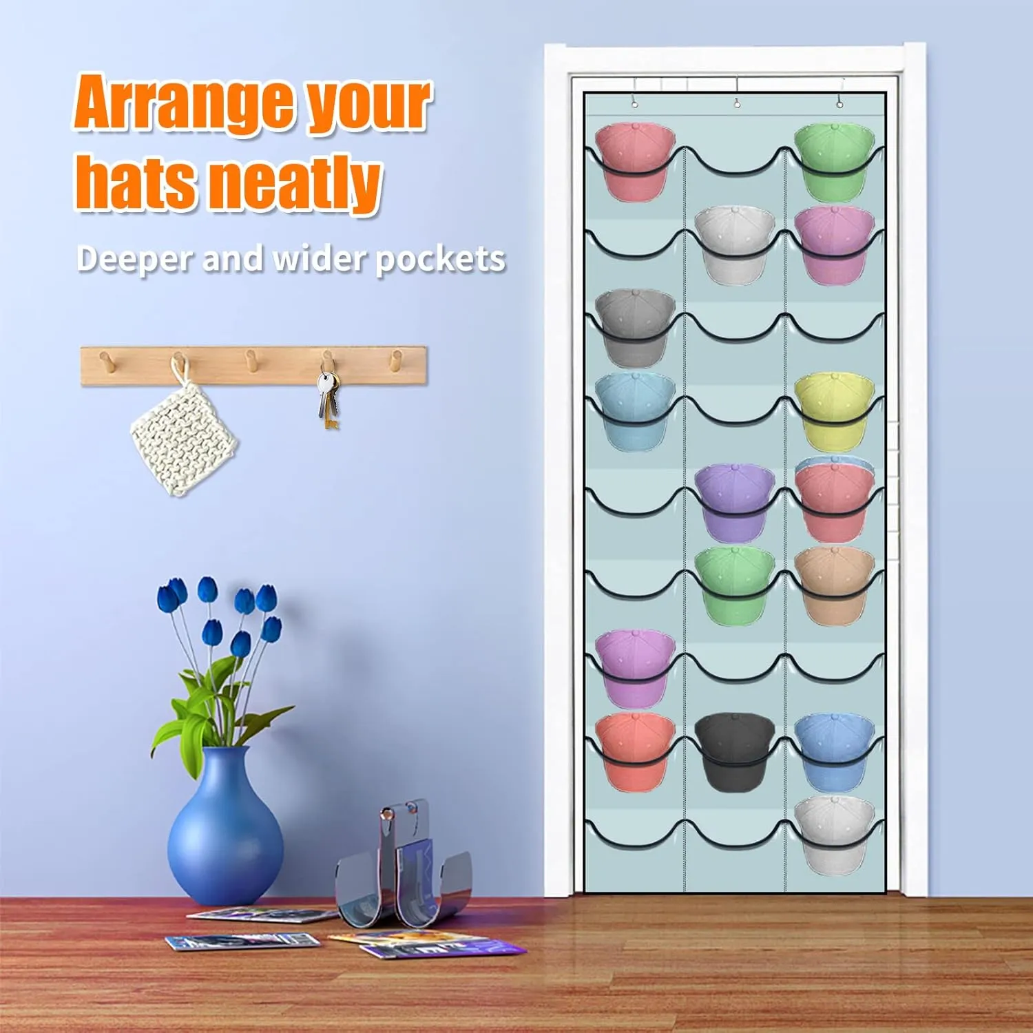 Hat Rack for Baseball Caps, 27 Pockets Over The Door Baseball Hat Organizer, Fitted Hat Storage for Closet Wall Mount Bag With Large Pockets & 3 Hooks, Hat Holder Hanger Organization to Display Caps