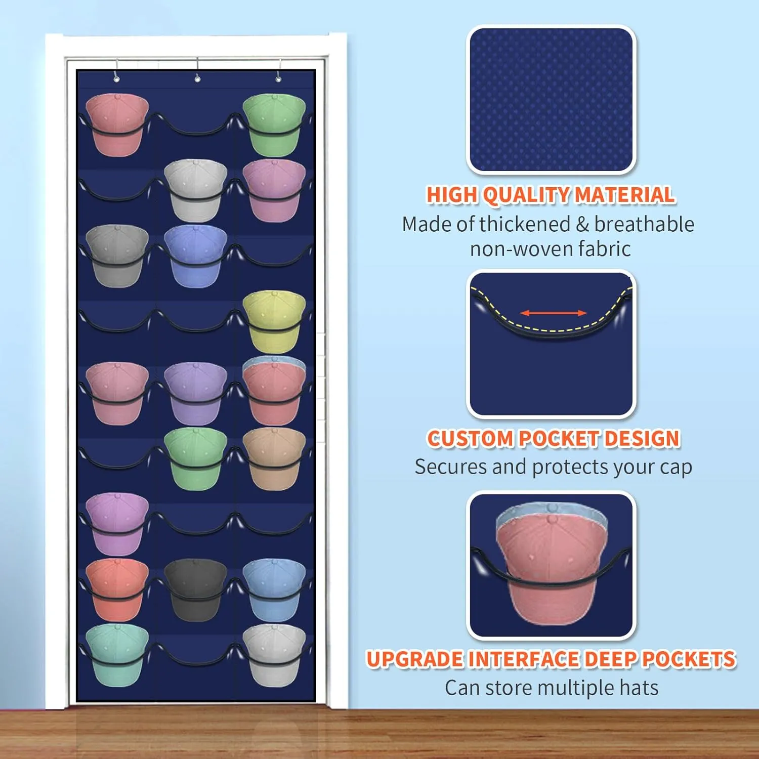 Hat Rack for Baseball Caps, 27 Pockets Over The Door Baseball Hat Organizer, Hat Storage for Closet Wall Mount Bag With Large Pockets & 3 Hooks, Hat Holder Hanger Organization to Display Caps
