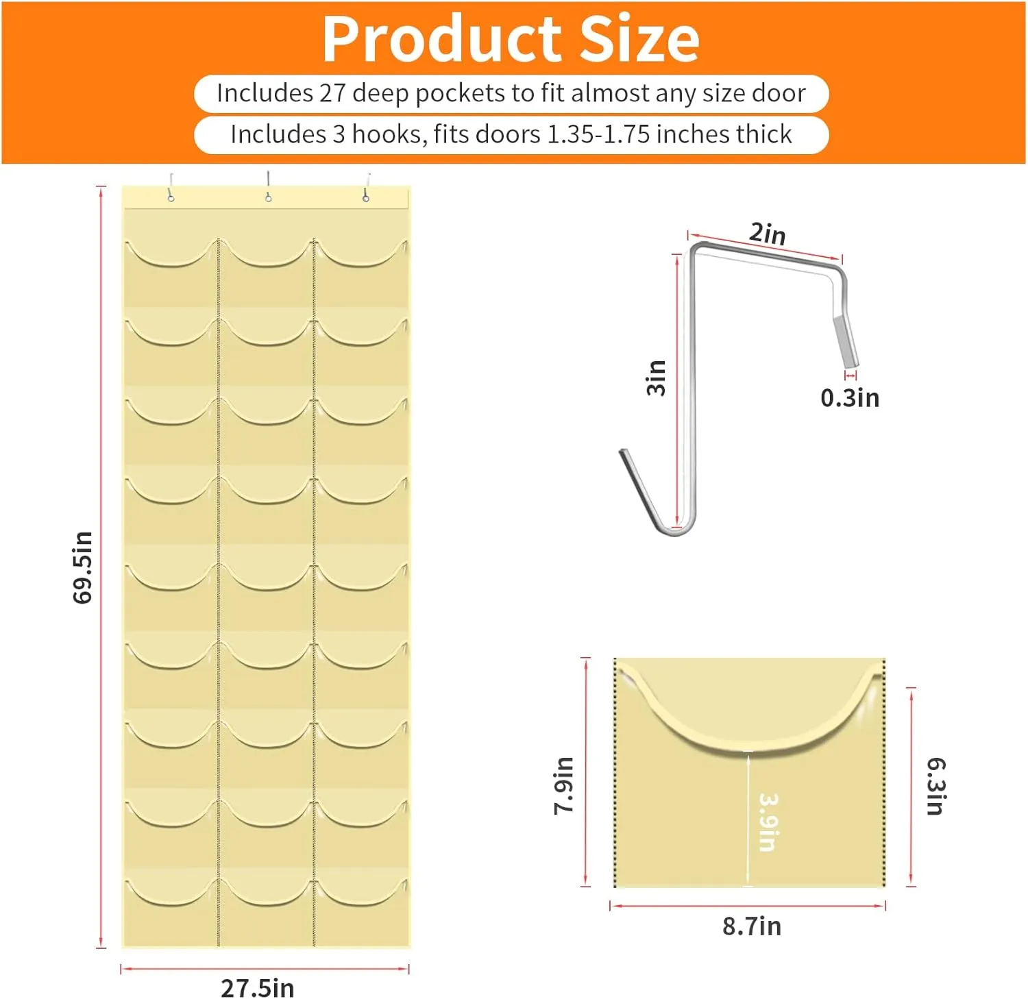Hat Rack for Baseball Caps, 27 Pockets Over The Door Baseball Hat Organizer, Hat Storage for Closet Wall Mount Bag With Large Pockets & 3 Hooks, Hat Holder Hanger Organization to Display Caps