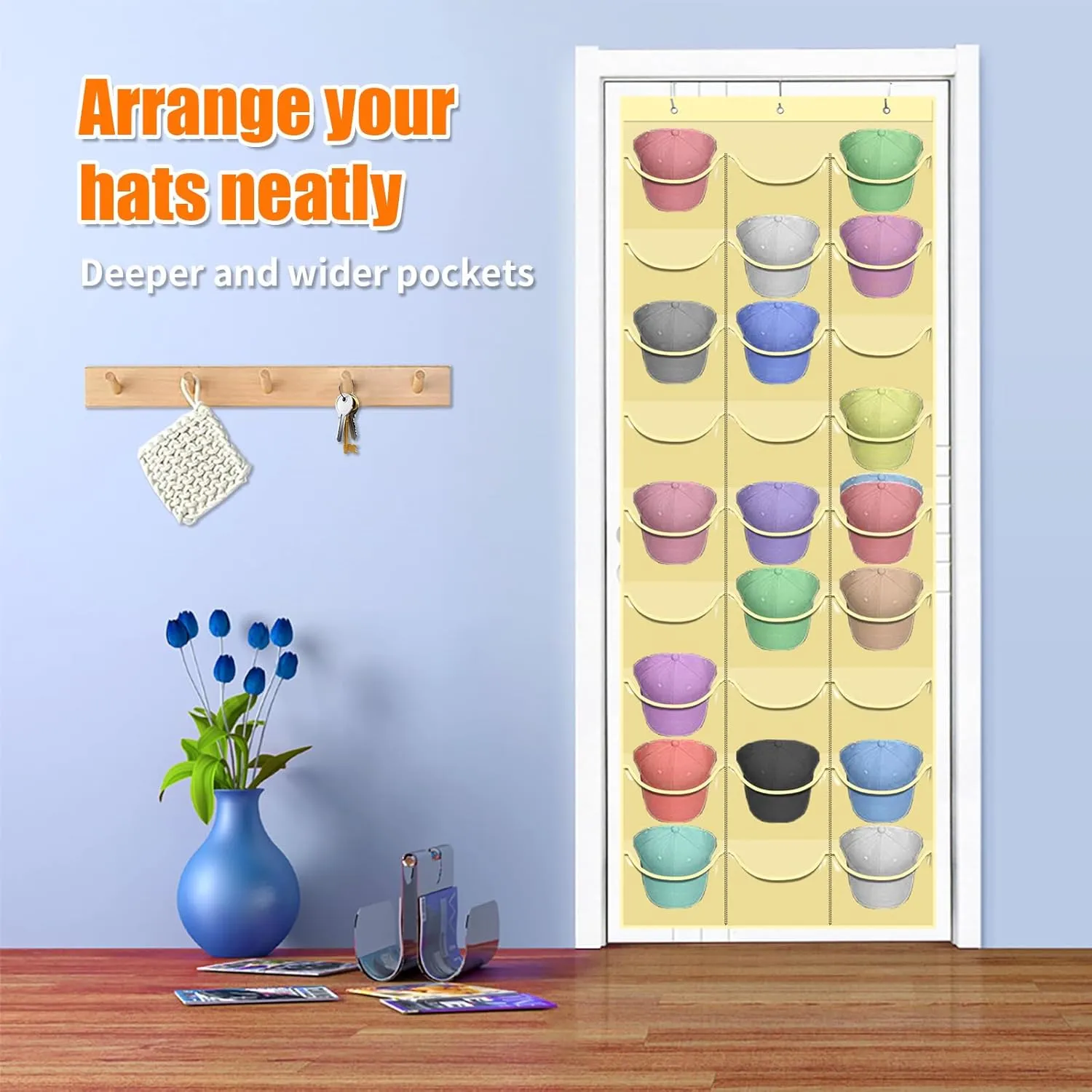 Hat Rack for Baseball Caps, 27 Pockets Over The Door Baseball Hat Organizer, Hat Storage for Closet Wall Mount Bag With Large Pockets & 3 Hooks, Hat Holder Hanger Organization to Display Caps