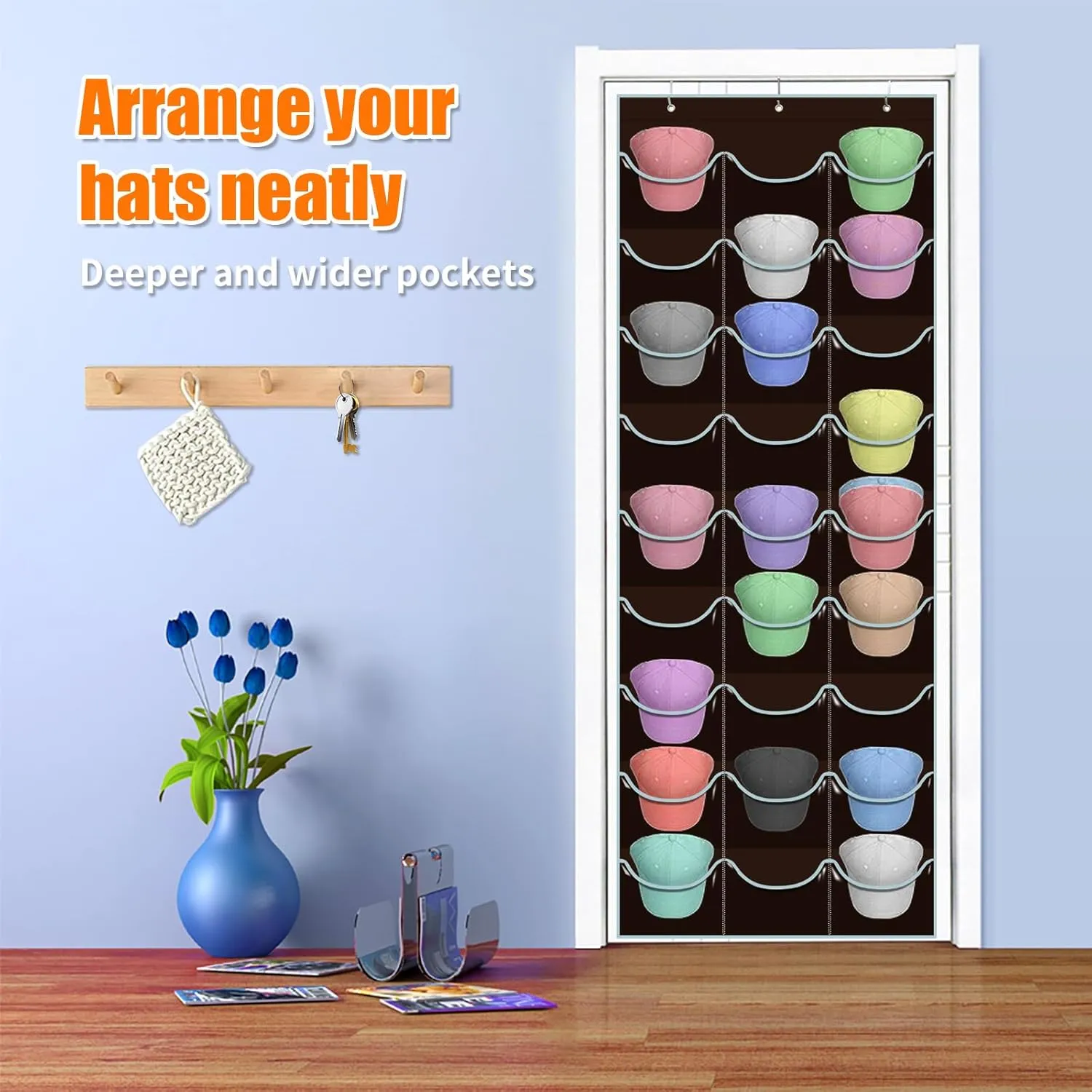 Hat Rack for Baseball Caps, 27 Pockets Over The Door Baseball Hat Organizer, Hat Storage for Closet Wall Mount Bag With Large Pockets & 3 Hooks, Hat Holder Hanger Organization to Display Caps