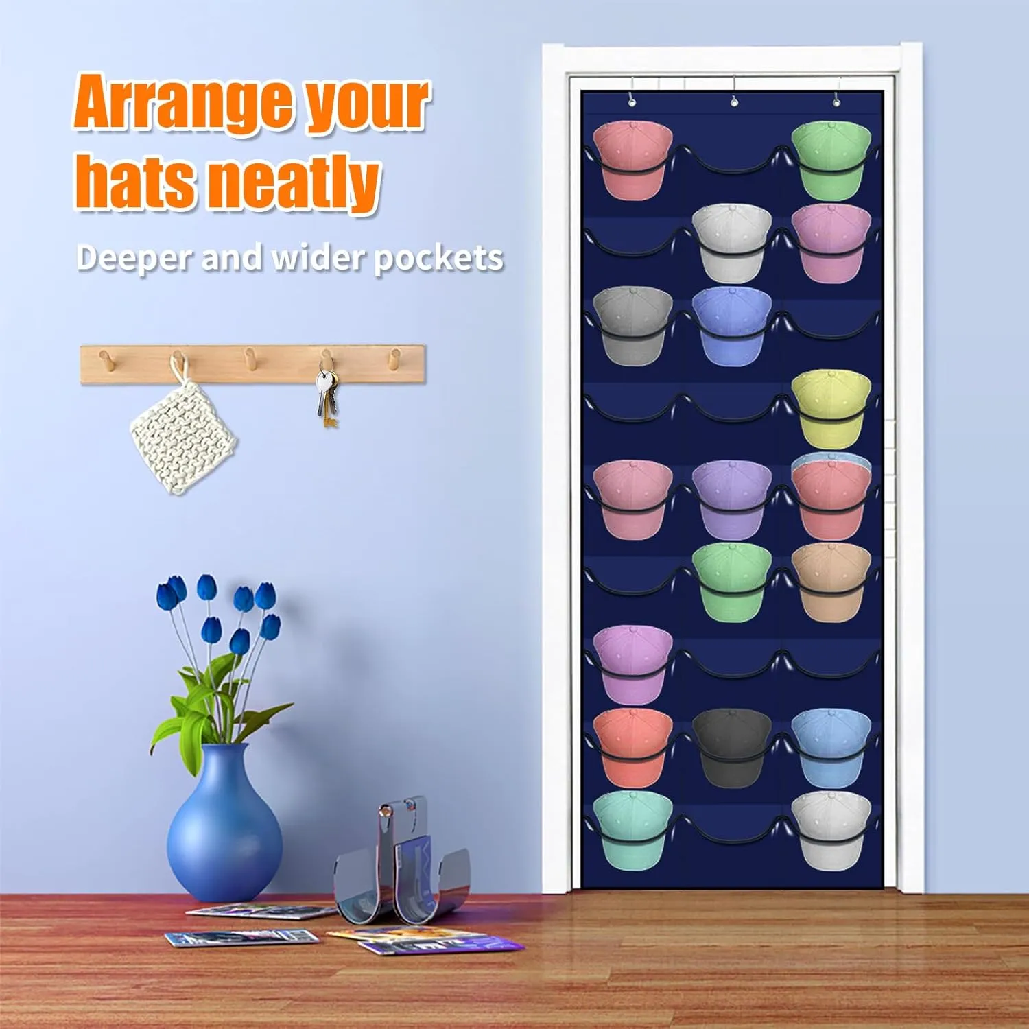 Hat Rack for Baseball Caps, 27 Pockets Over The Door Baseball Hat Organizer, Hat Storage for Closet Wall Mount Bag With Large Pockets & 3 Hooks, Hat Holder Hanger Organization to Display Caps