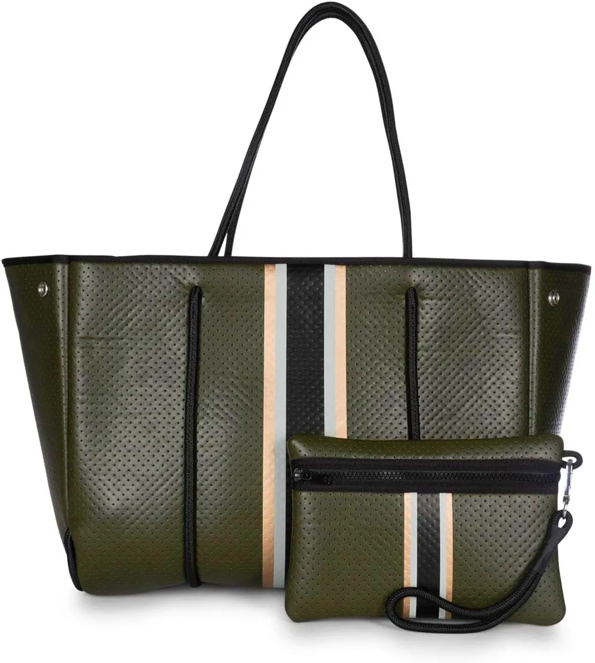 Haute Shore - Greyson Envy Neoprene Tote Bag, Olive W/Rose Gold, Beige, Black Stripe
