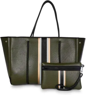 Haute Shore - Greyson Envy Neoprene Tote Bag, Olive W/Rose Gold, Beige, Black Stripe